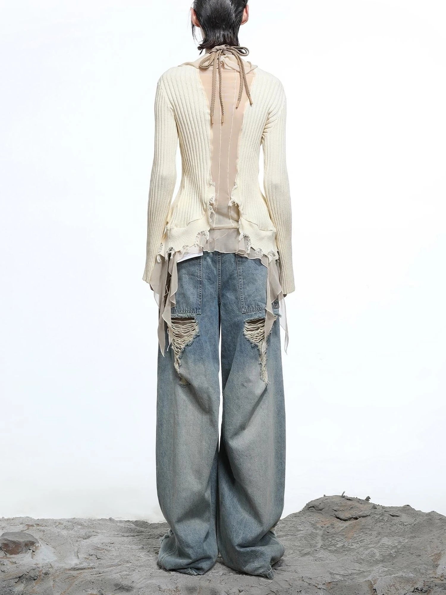 Tattered Lace Mesh Trimmed Knit Cardigan