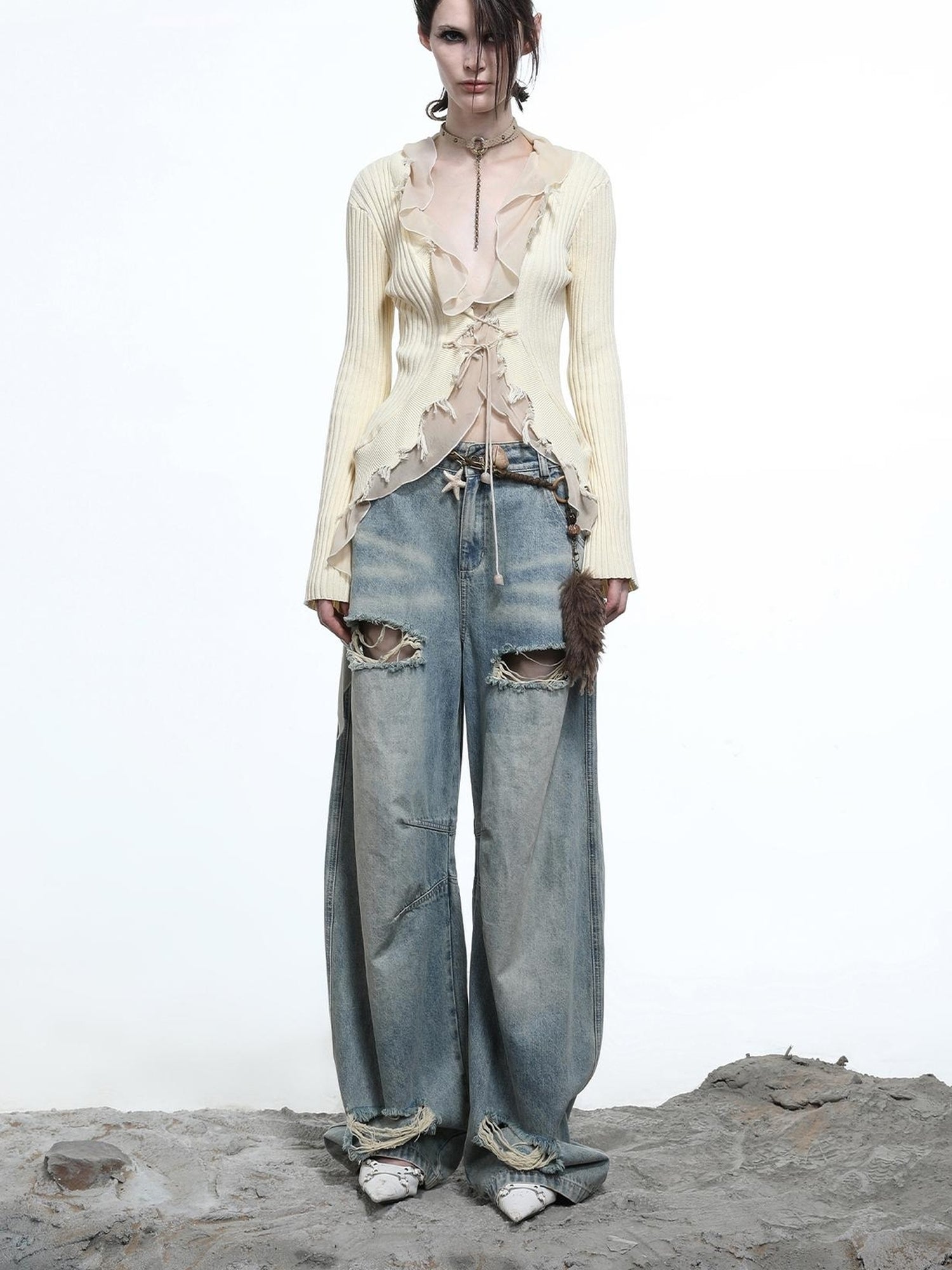 NN NORTH NODE Tattered Lace Mesh Trimmed Knit Cardigan