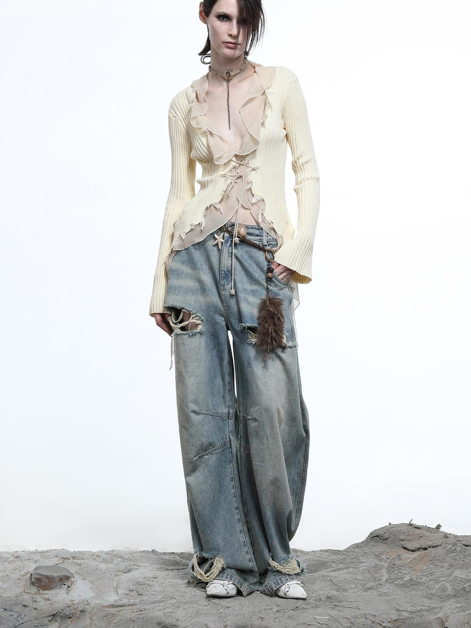 NN NORTH NODE Tattered Lace Mesh Trimmed Knit Cardigan