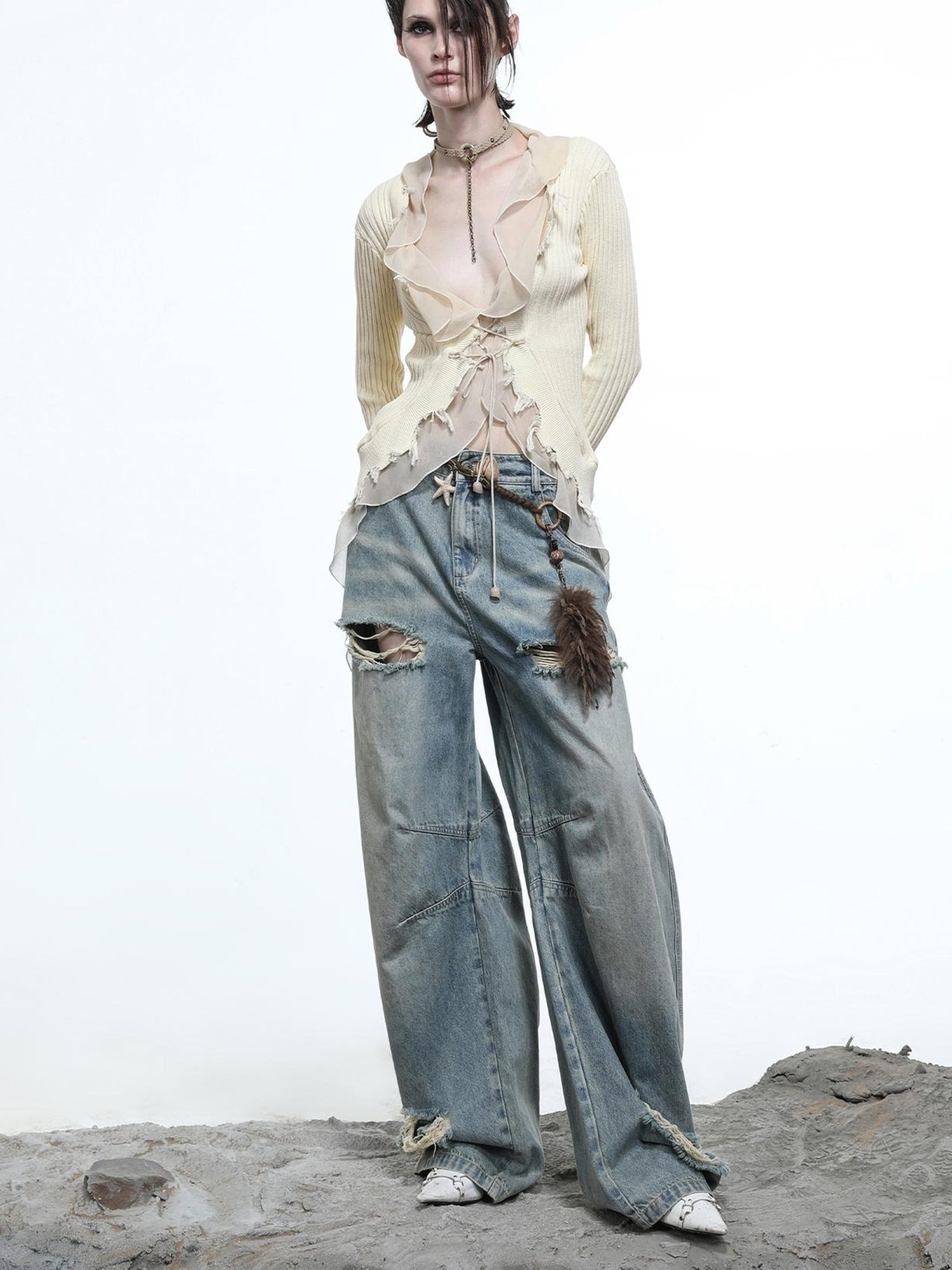 NN NORTH NODE Tattered Lace Mesh Trimmed Knit Cardigan