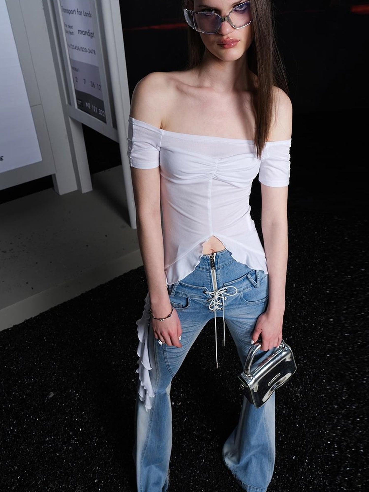 UpdateNN NORTH NODE Tencel Cold Shoulder Ruffle Hem Tee