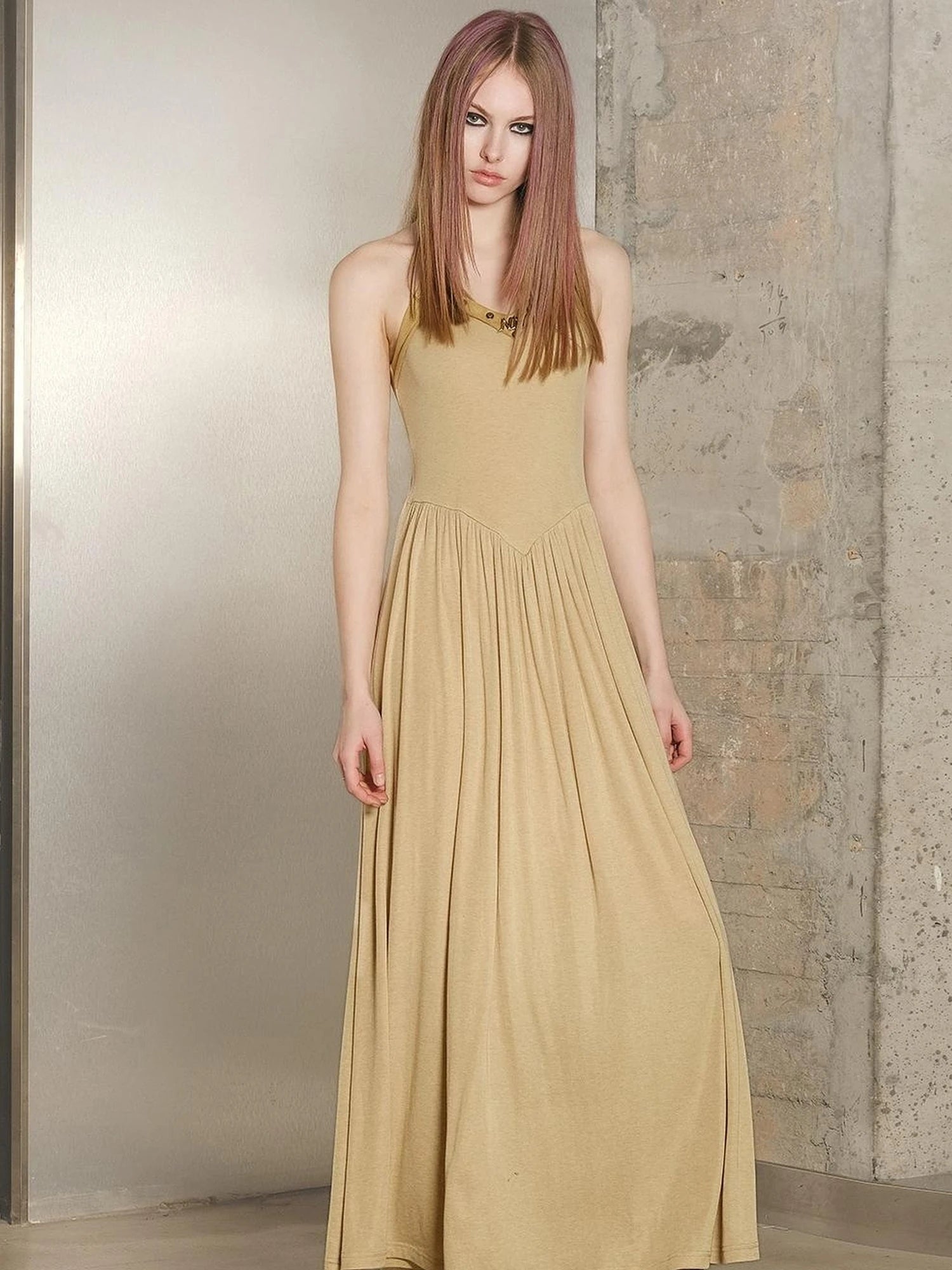 Tencel Wool Slip Dress V-neck T-shirt Long Sleeve