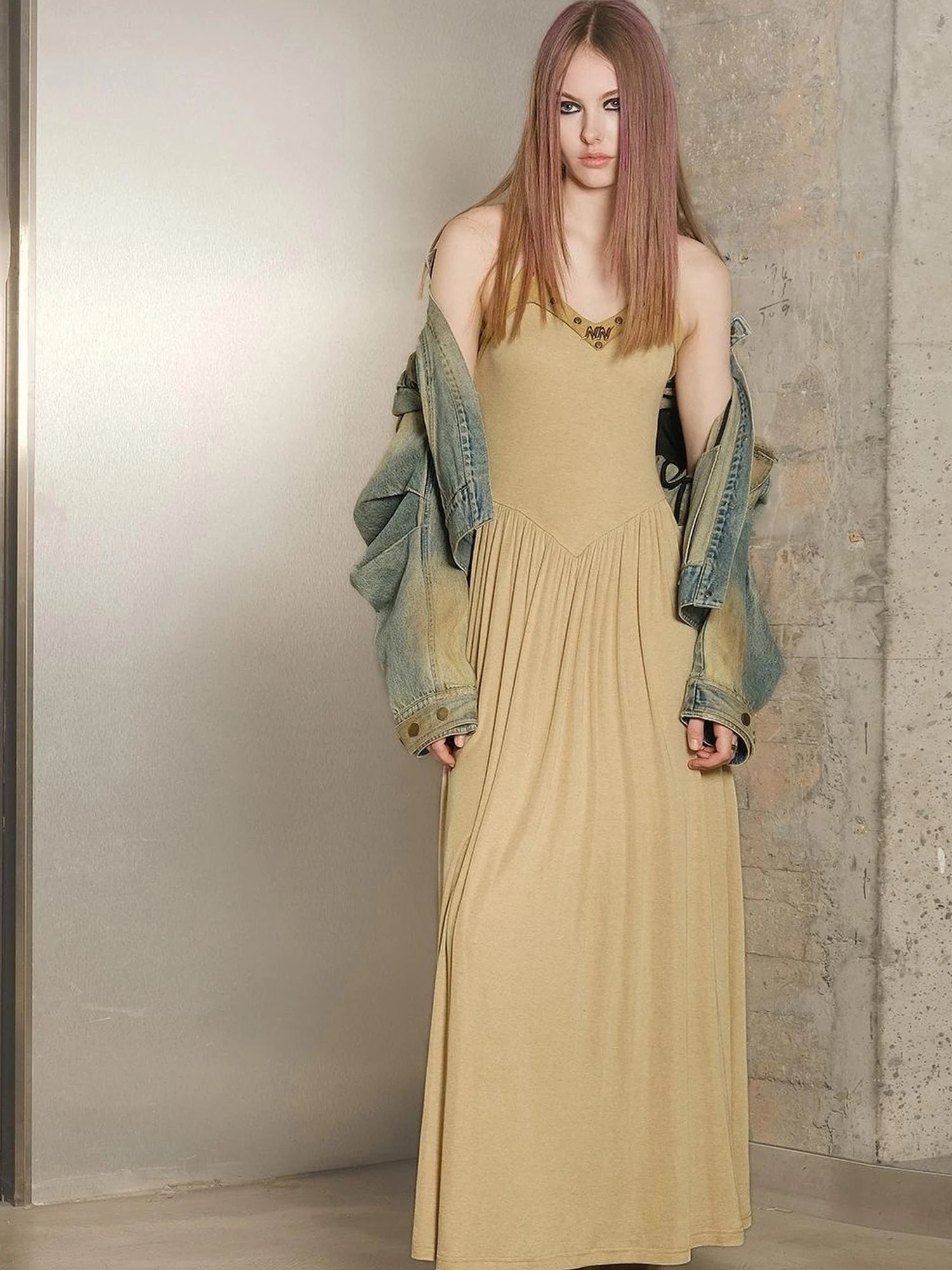 Tencel Wool Slip Dress V-neck T-shirt Long Sleeve