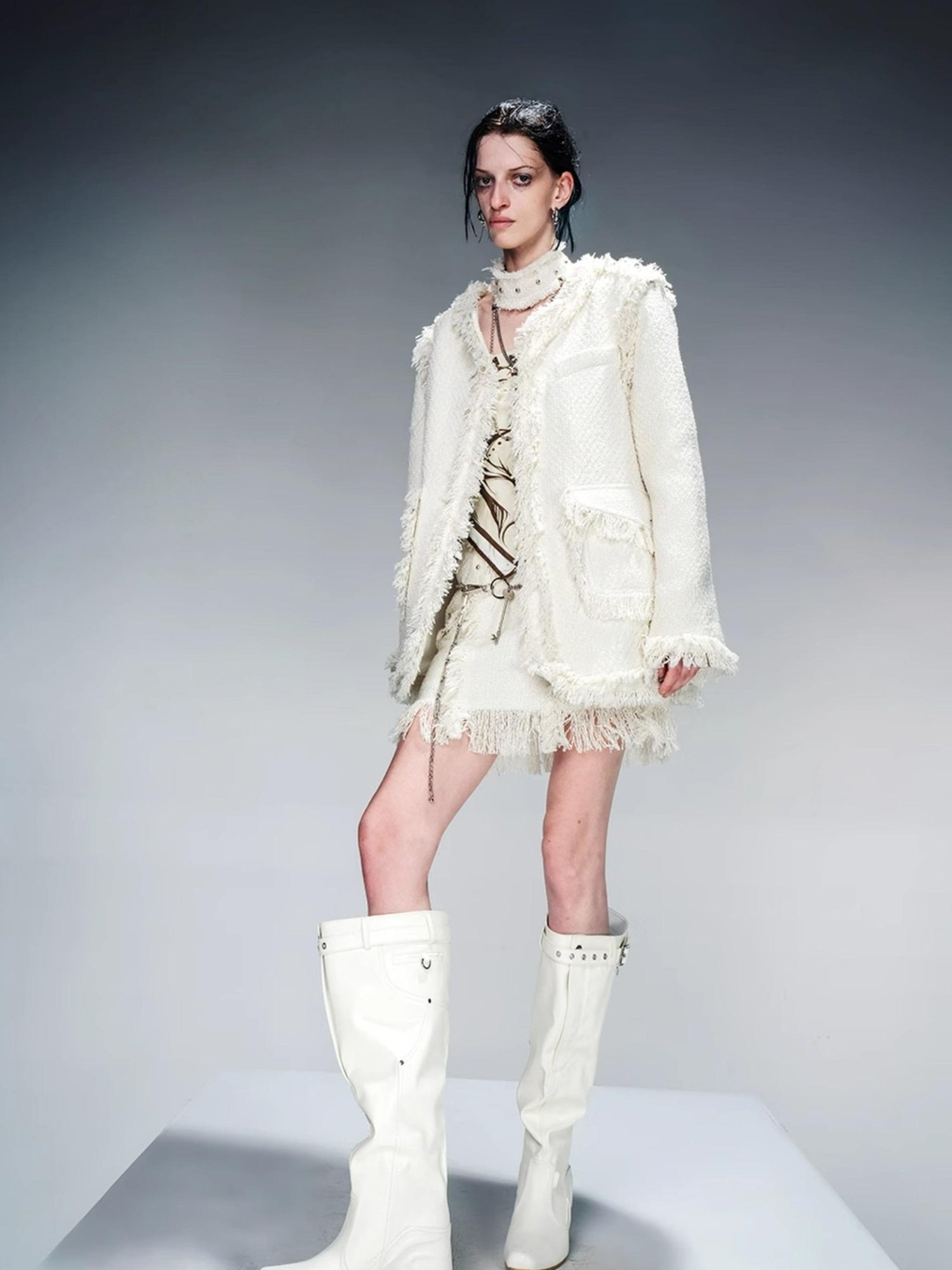 NN NORTH NODE Tweed Blazer And Skirt Set With Frayed Detailing