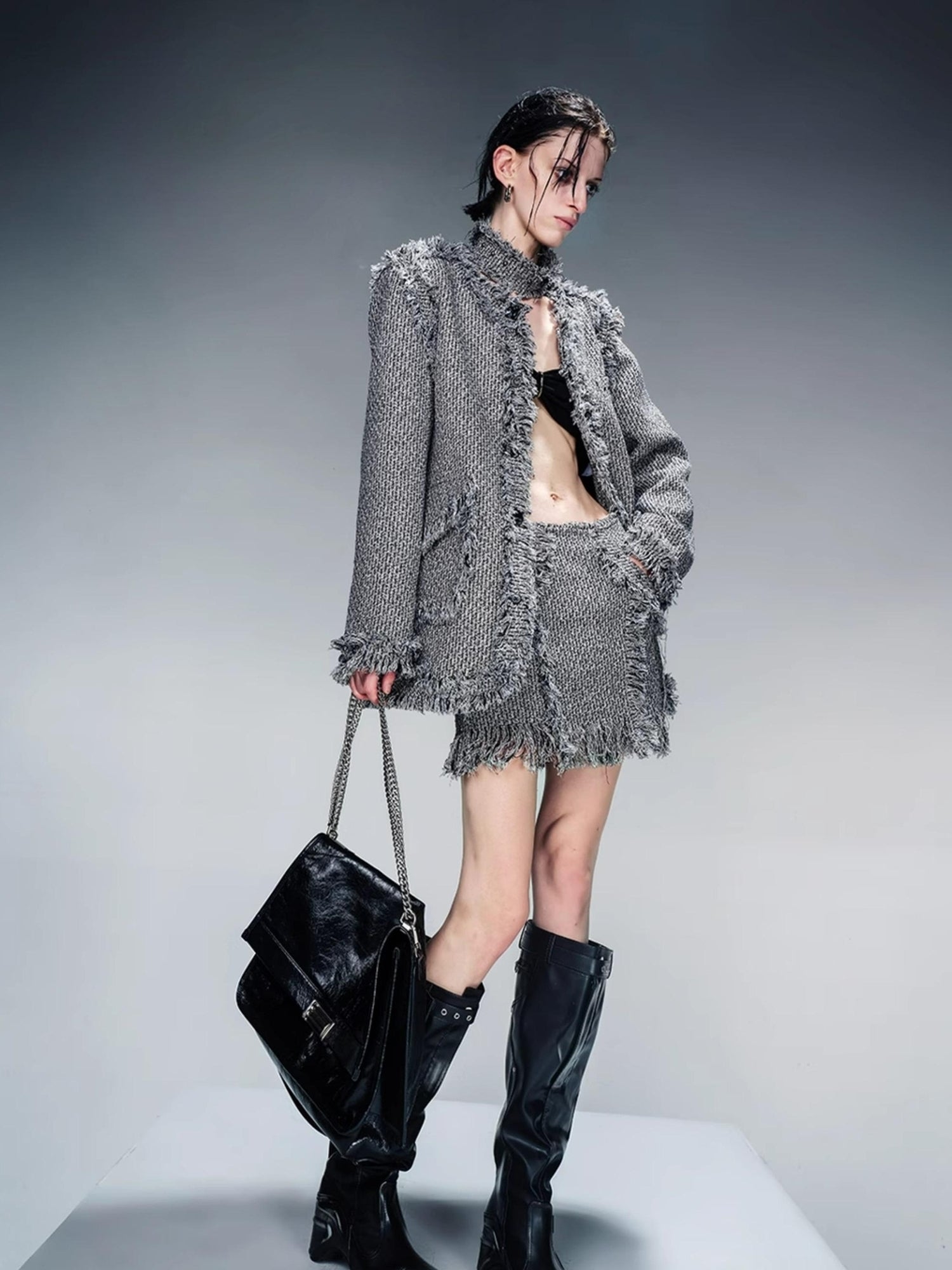 NN NORTH NODE Tweed Blazer And Skirt Set With Frayed Detailing