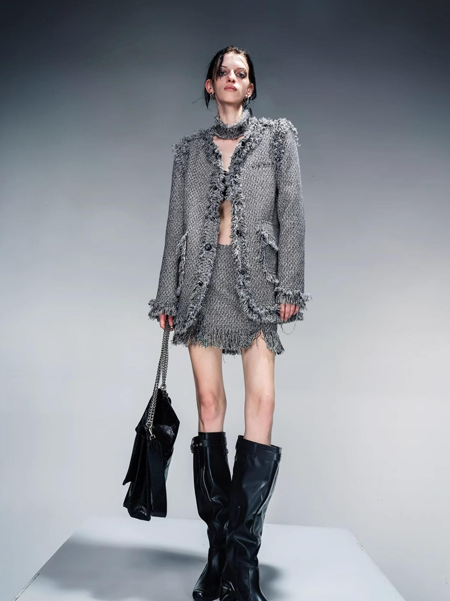 NN NORTH NODE Tweed Blazer And Skirt Set With Frayed Detailing