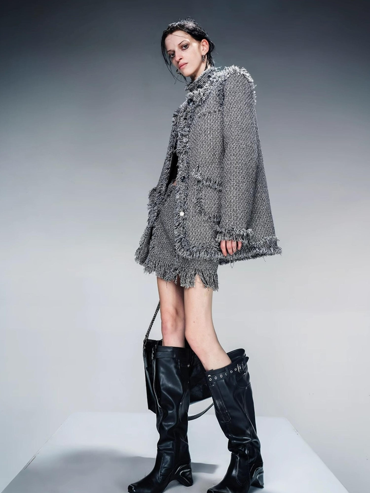 NN NORTH NODE Tweed Blazer And Skirt Set With Frayed Detailing