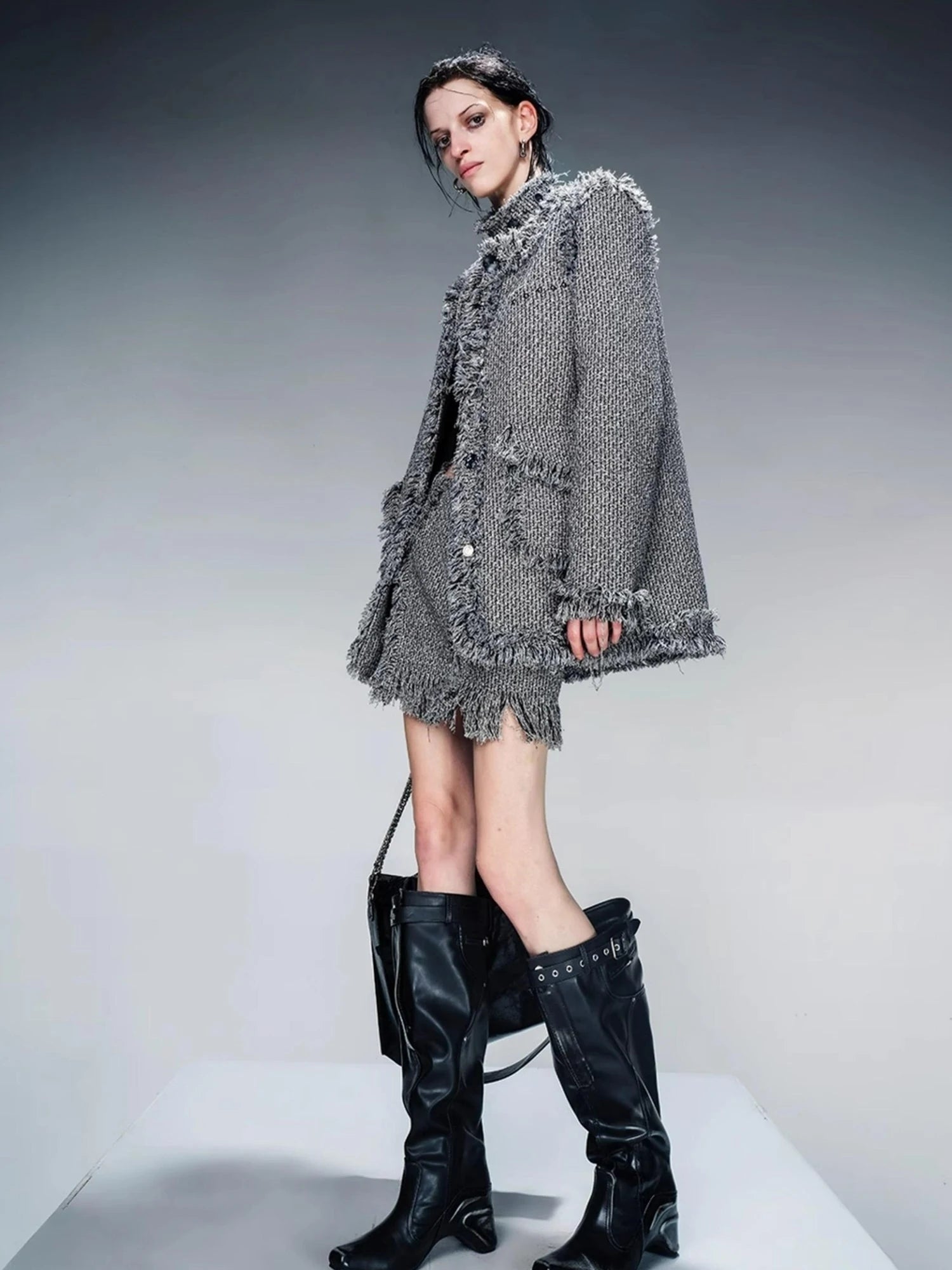 Tweed Blazer And Skirt Set With Frayed Detailing