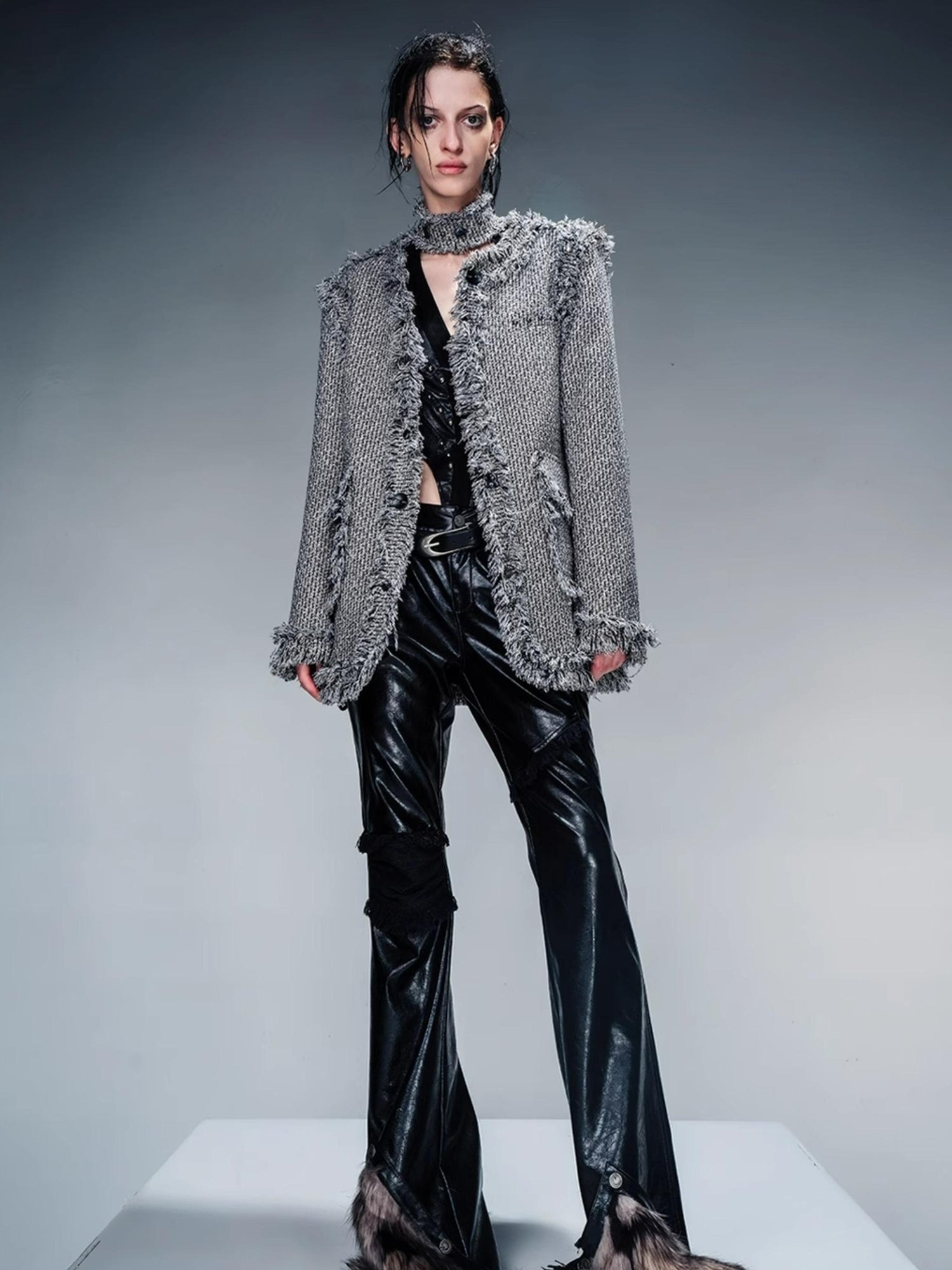 NN NORTH NODE Tweed Blazer And Skirt Set With Frayed Detailing