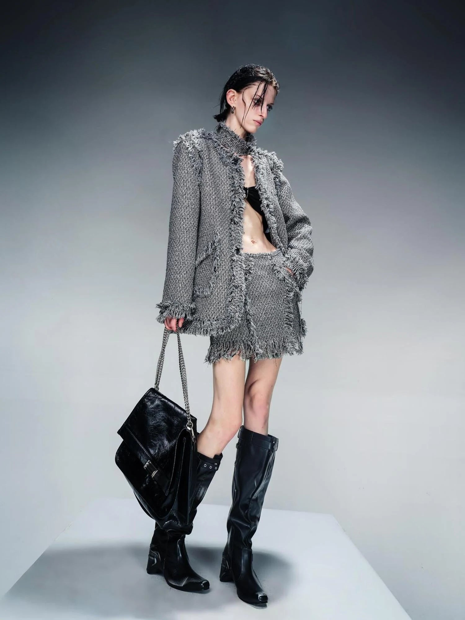 Tweed Blazer And Skirt Set With Frayed Detailing