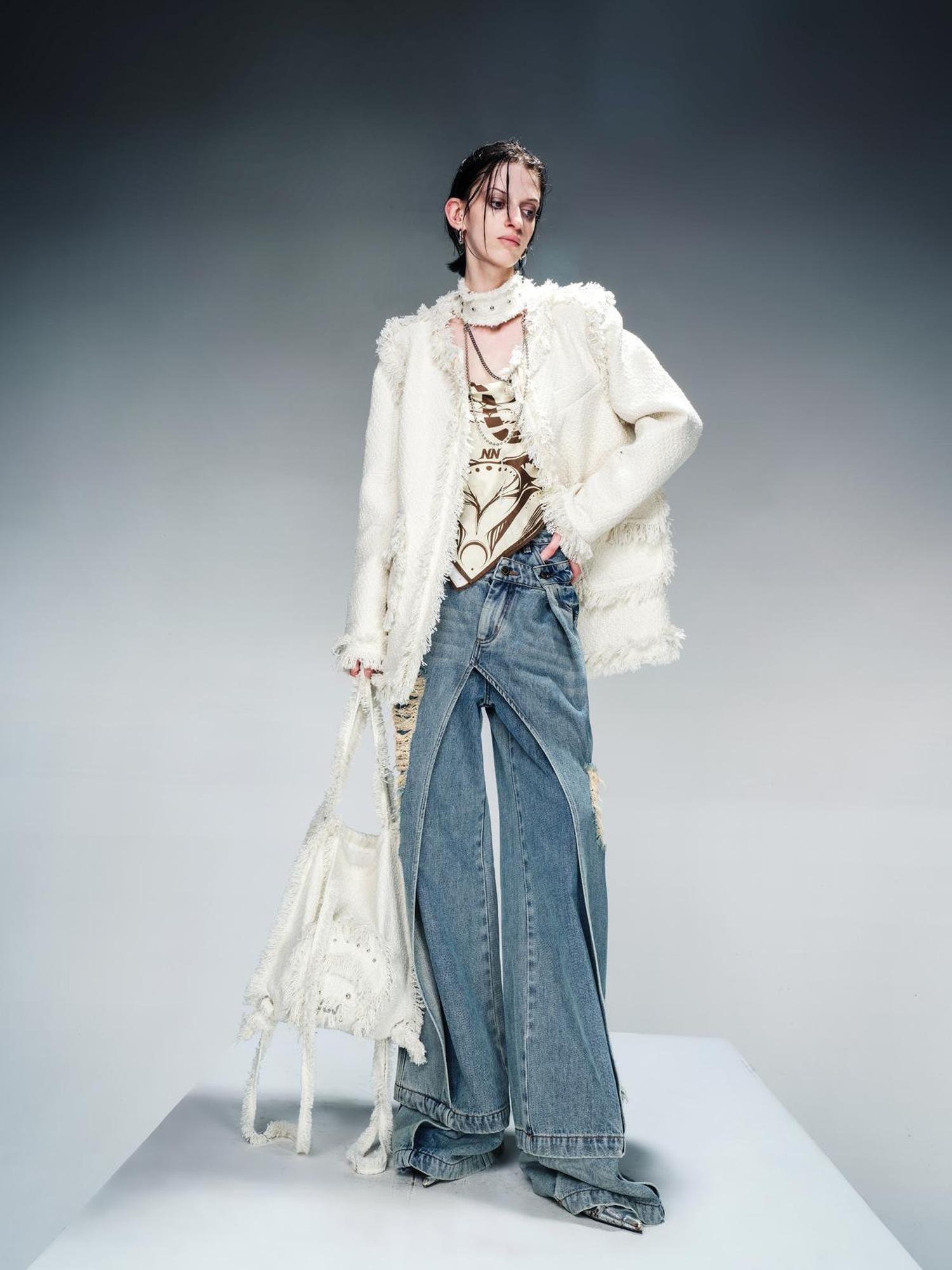NN NORTH NODE Tweed Blazer And Skirt Set With Frayed Detailing
