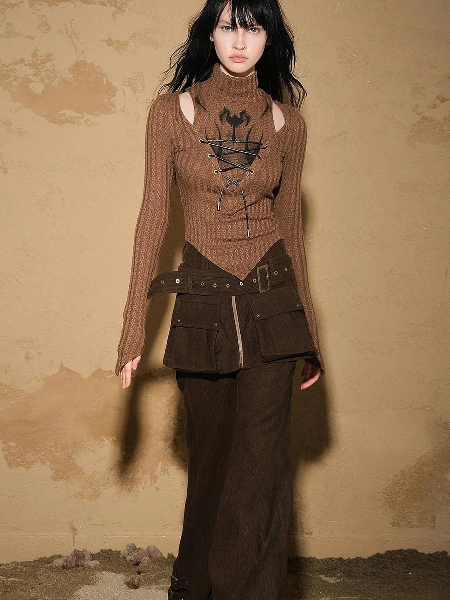 Two Piece Convertible Corduroy Skirt Pants with Detachable Belt