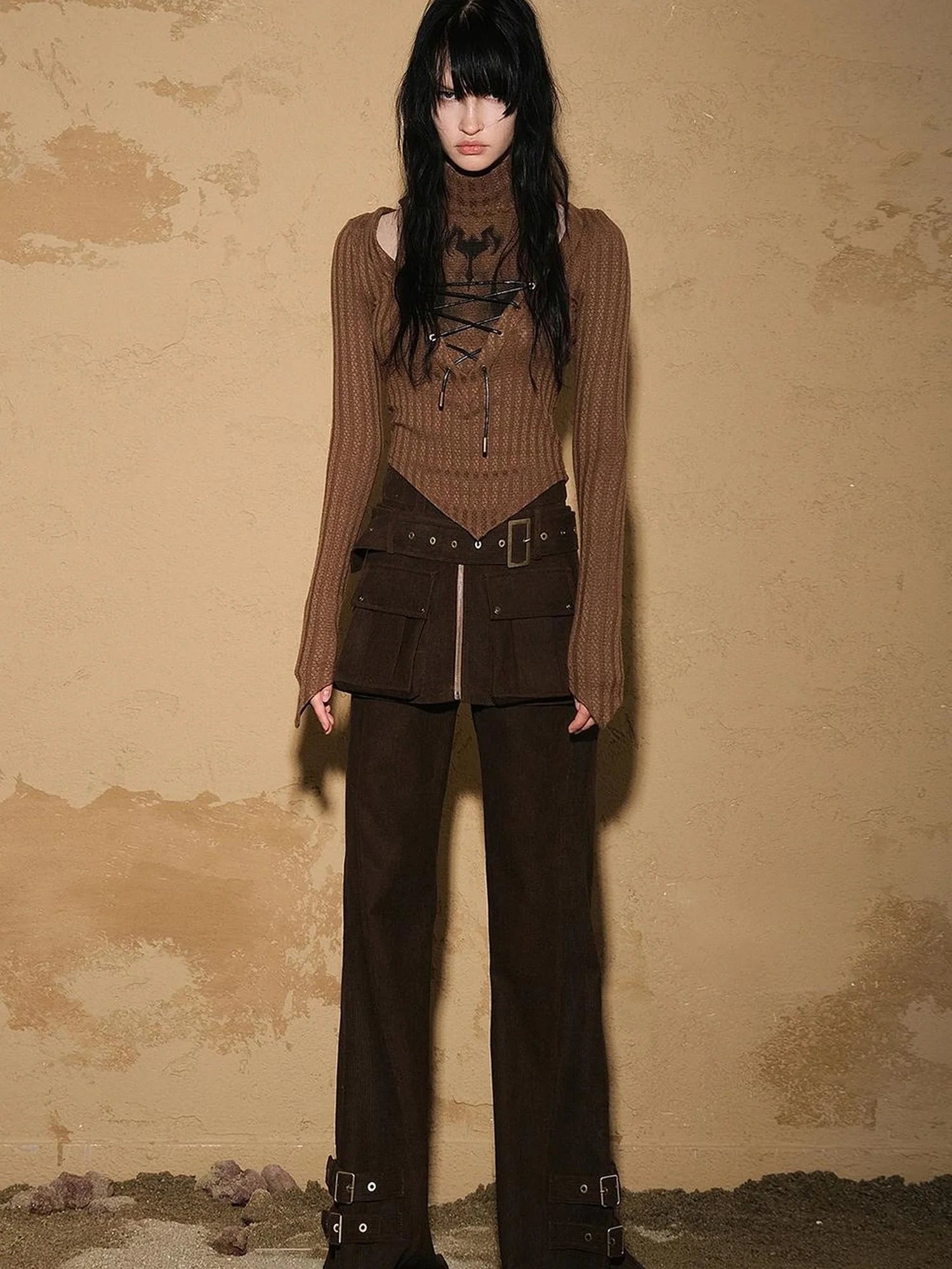 Two Piece Convertible Corduroy Skirt Pants with Detachable Belt