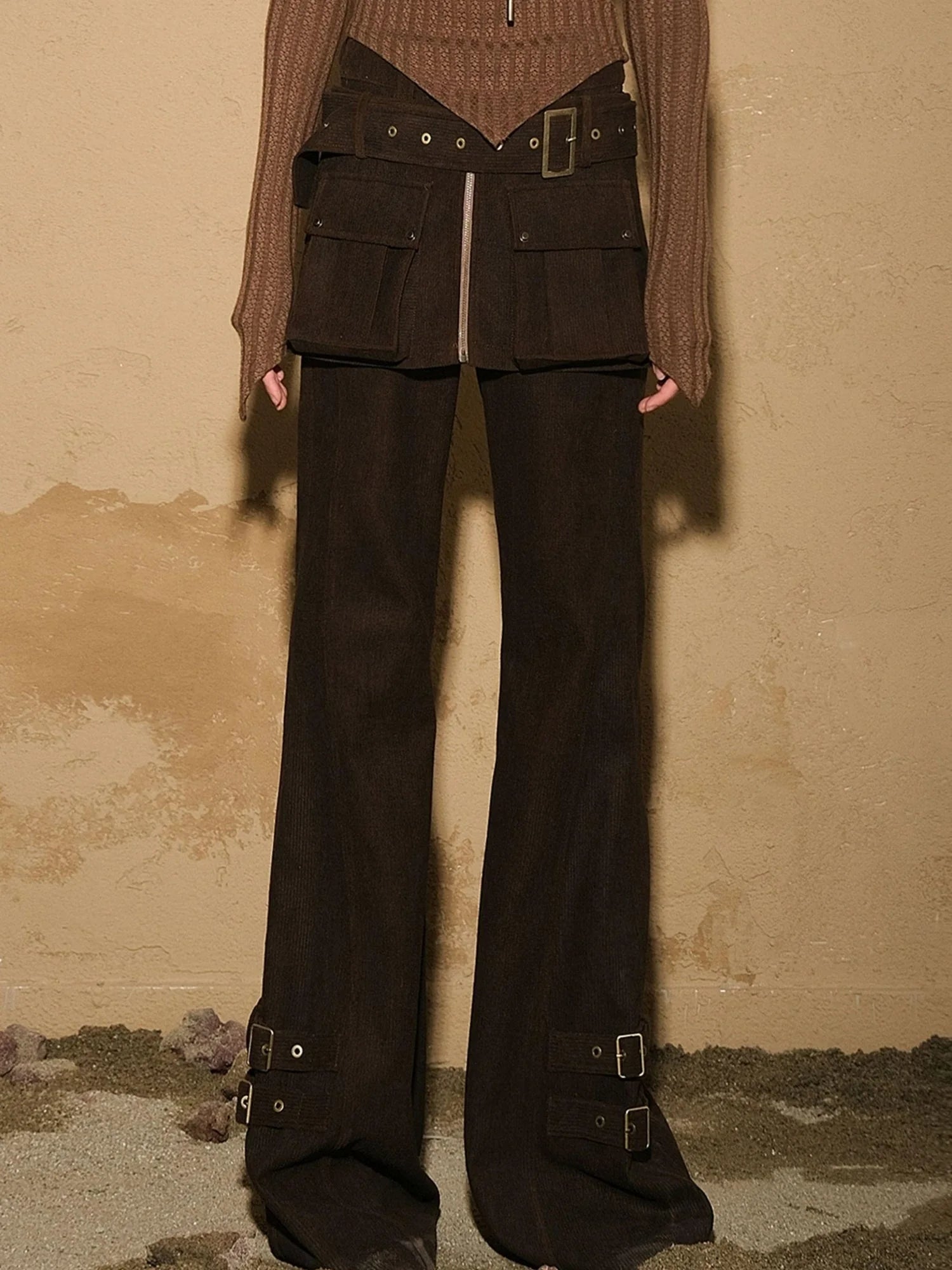 Two Piece Convertible Corduroy Skirt Pants with Detachable Belt