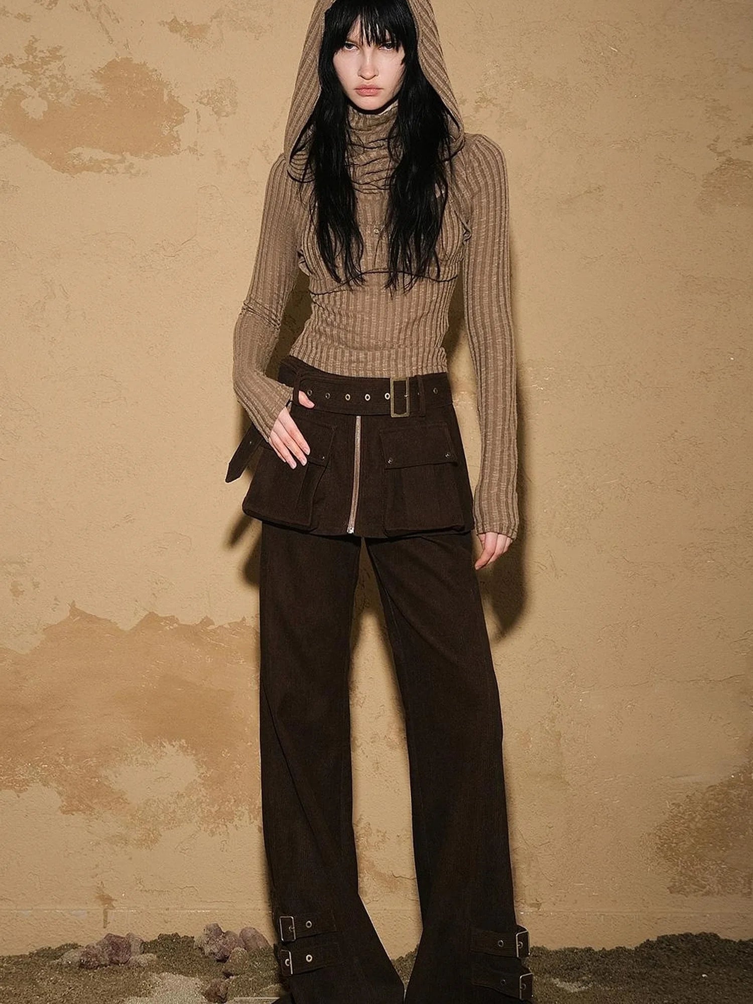 Two Piece Convertible Corduroy Skirt Pants with Detachable Belt