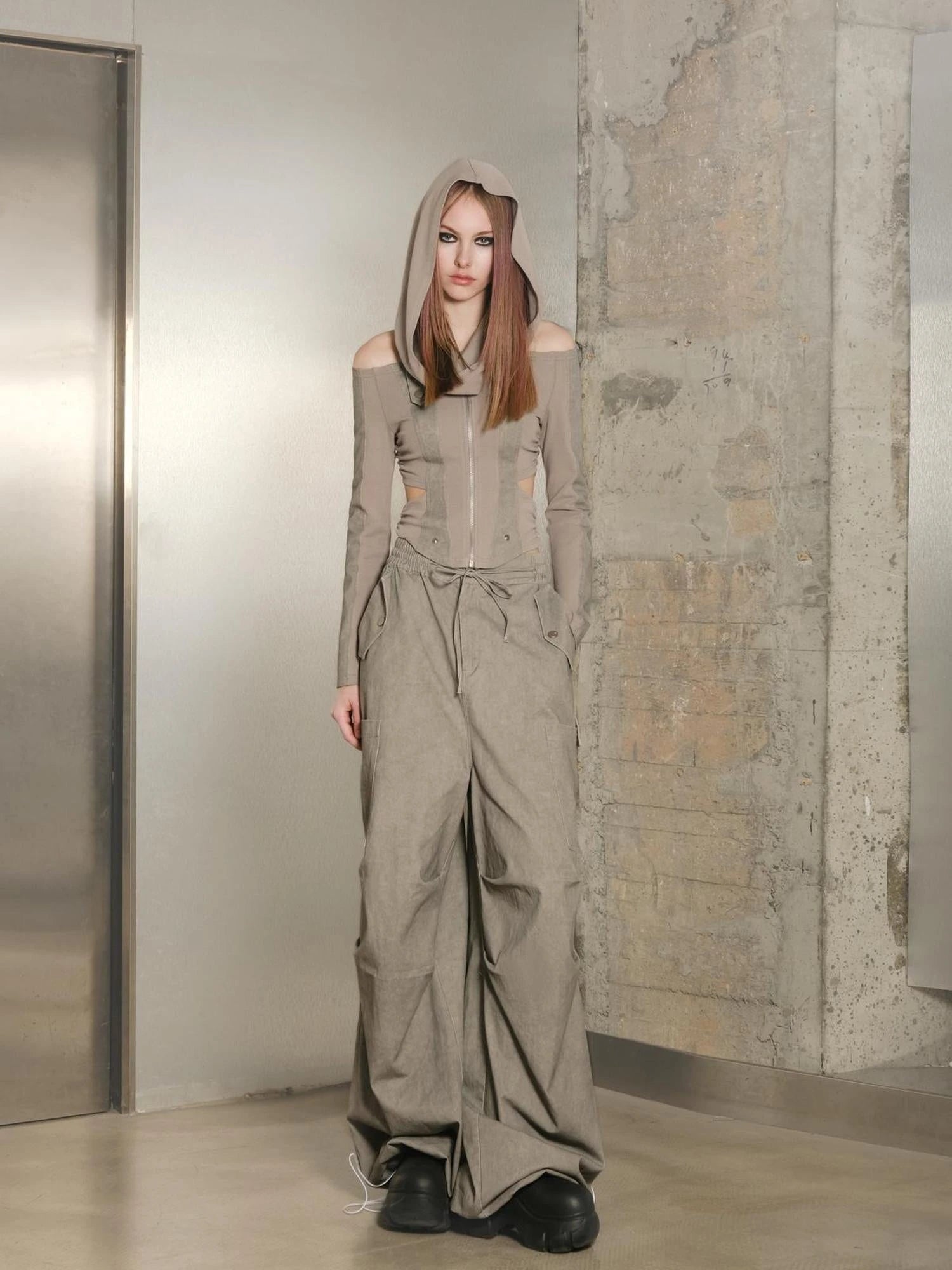 Utility Parachute Cargo Pants With Hooded Top