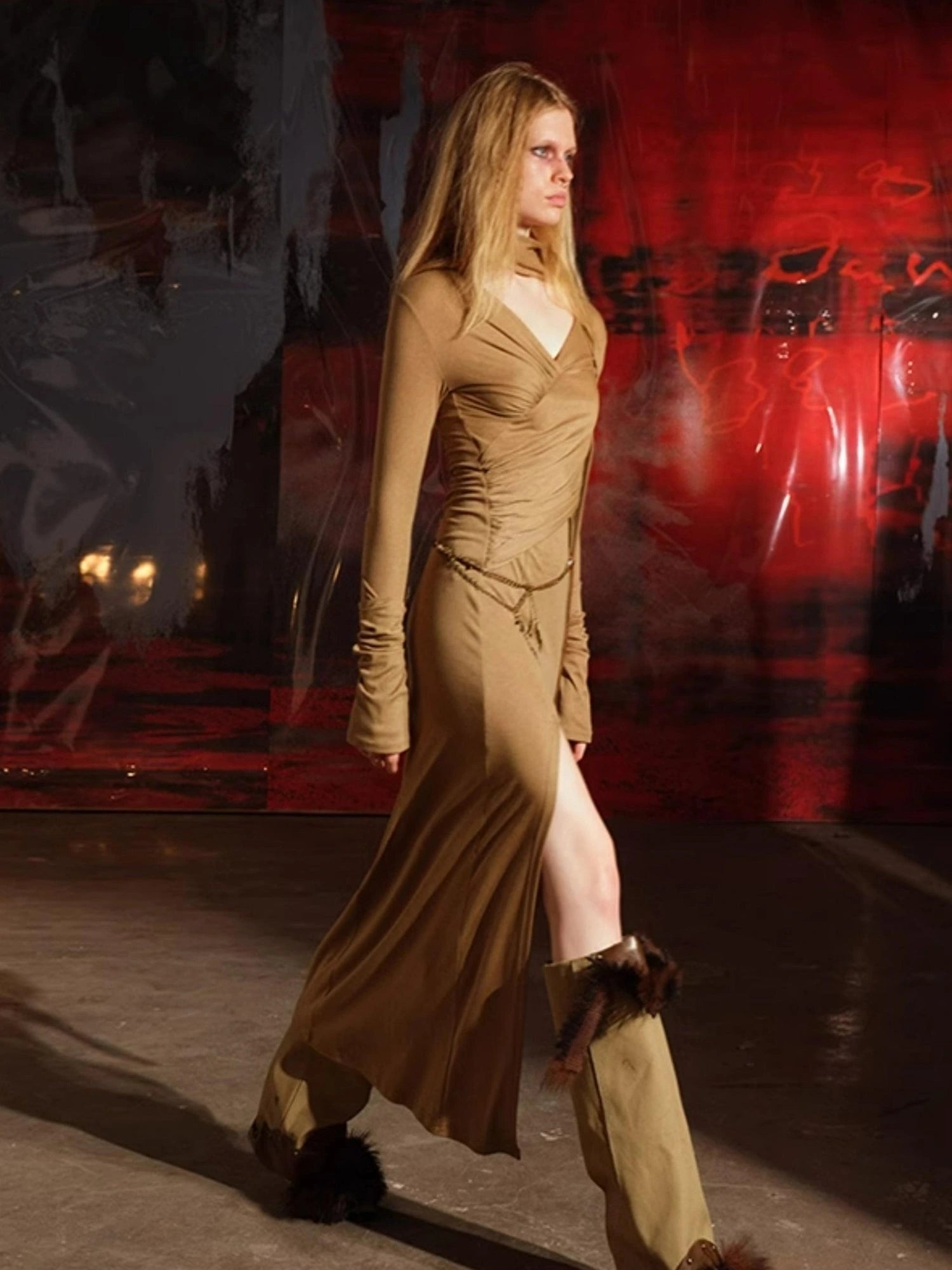 V-Neck Pleated Split Rayon Dress With Waist Chain