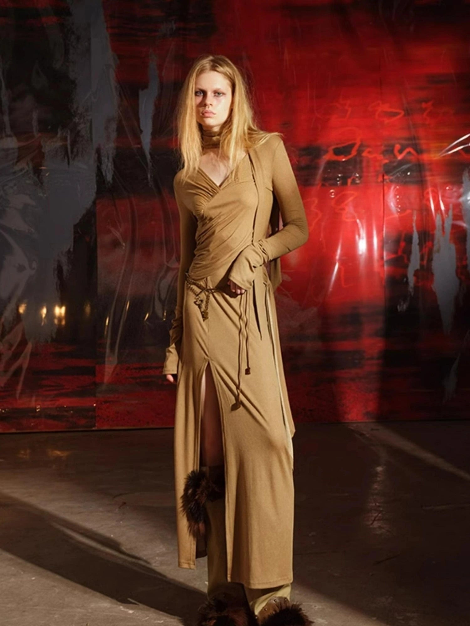 V-Neck Pleated Split Rayon Dress With Waist Chain