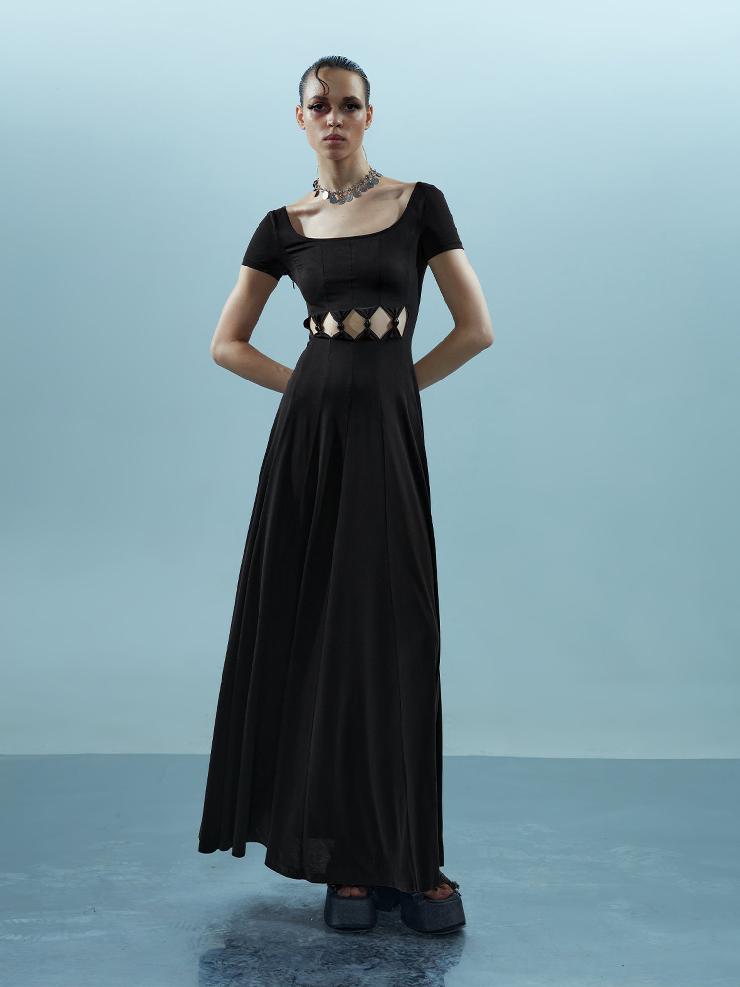 NN NORTH NODE V-neck Ethereal Threads Beaded Cutout Dress