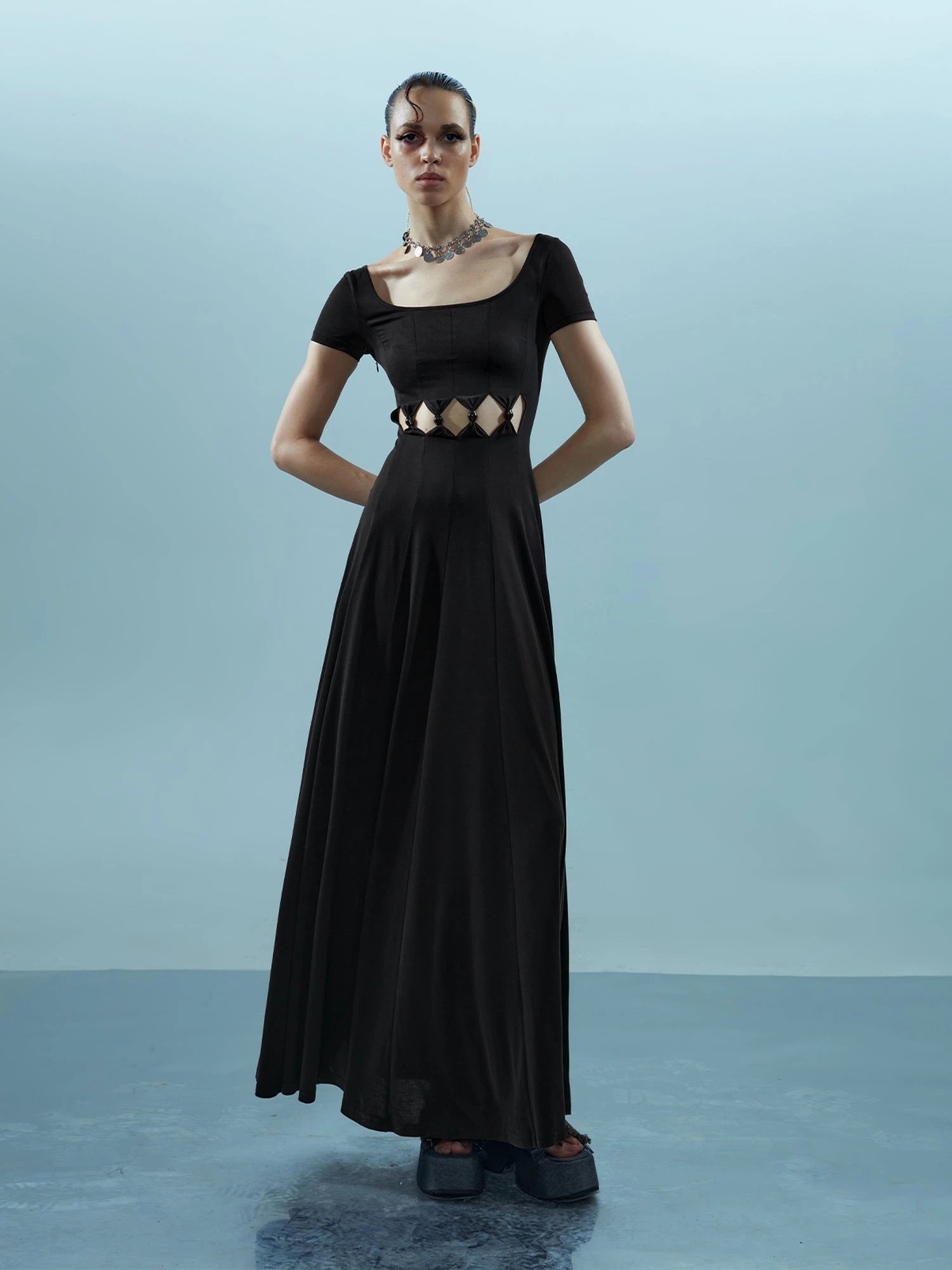 V-neck Ethereal Threads Beaded Cutout Dress