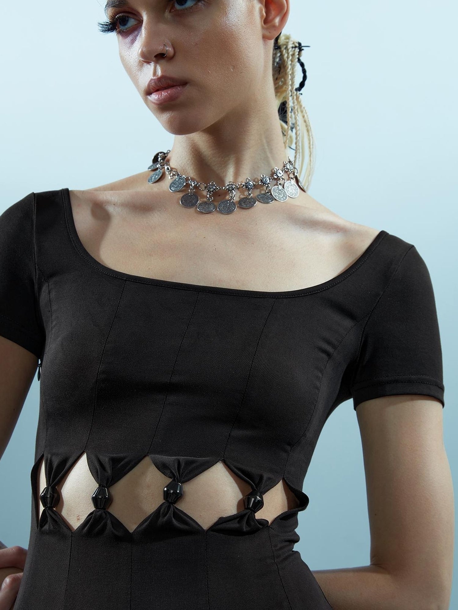NN NORTH NODE V-neck Ethereal Threads Beaded Cutout Dress