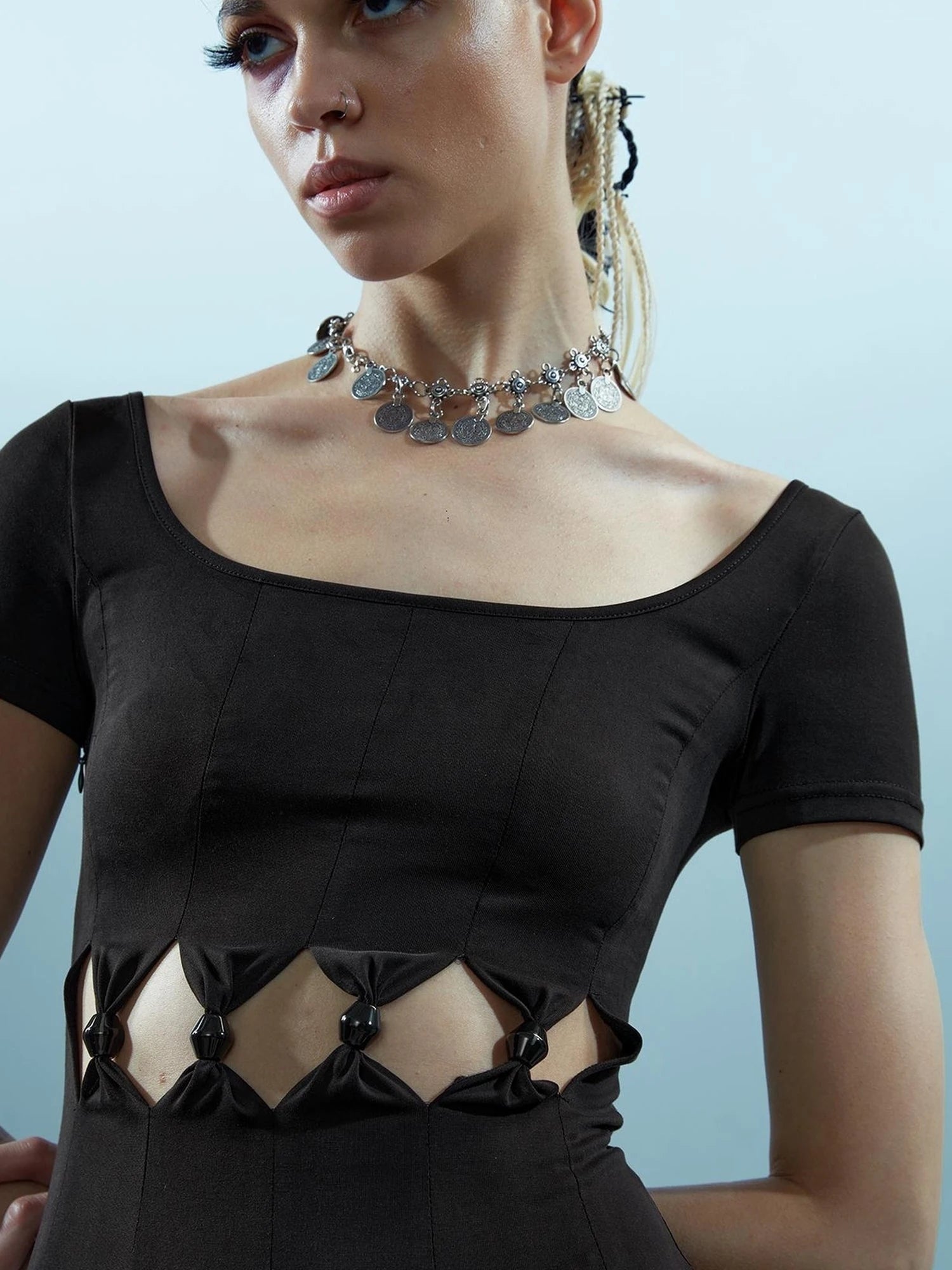 V-neck Ethereal Threads Beaded Cutout Dress