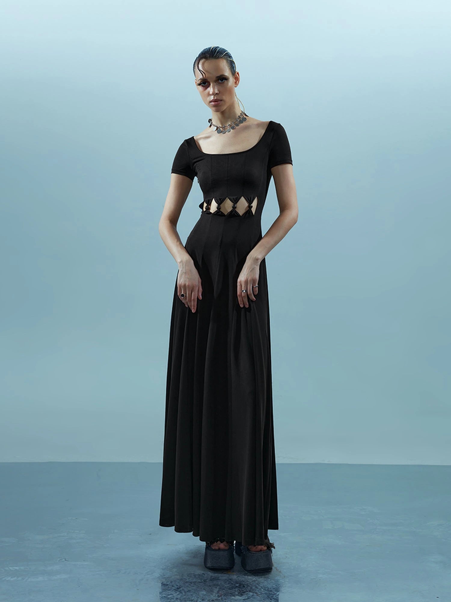 V-neck Ethereal Threads Beaded Cutout Dress