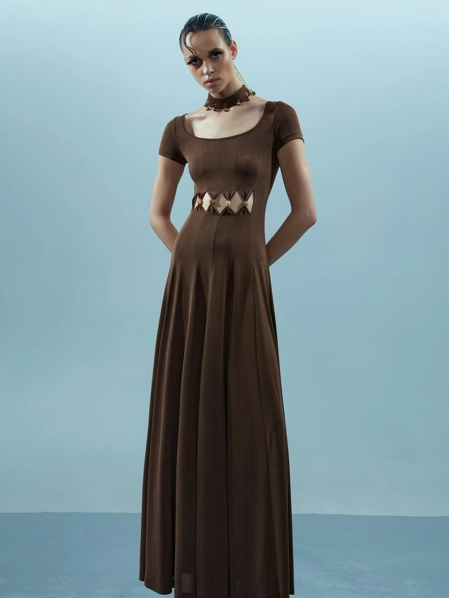 V-neck Ethereal Threads Beaded Cutout Dress