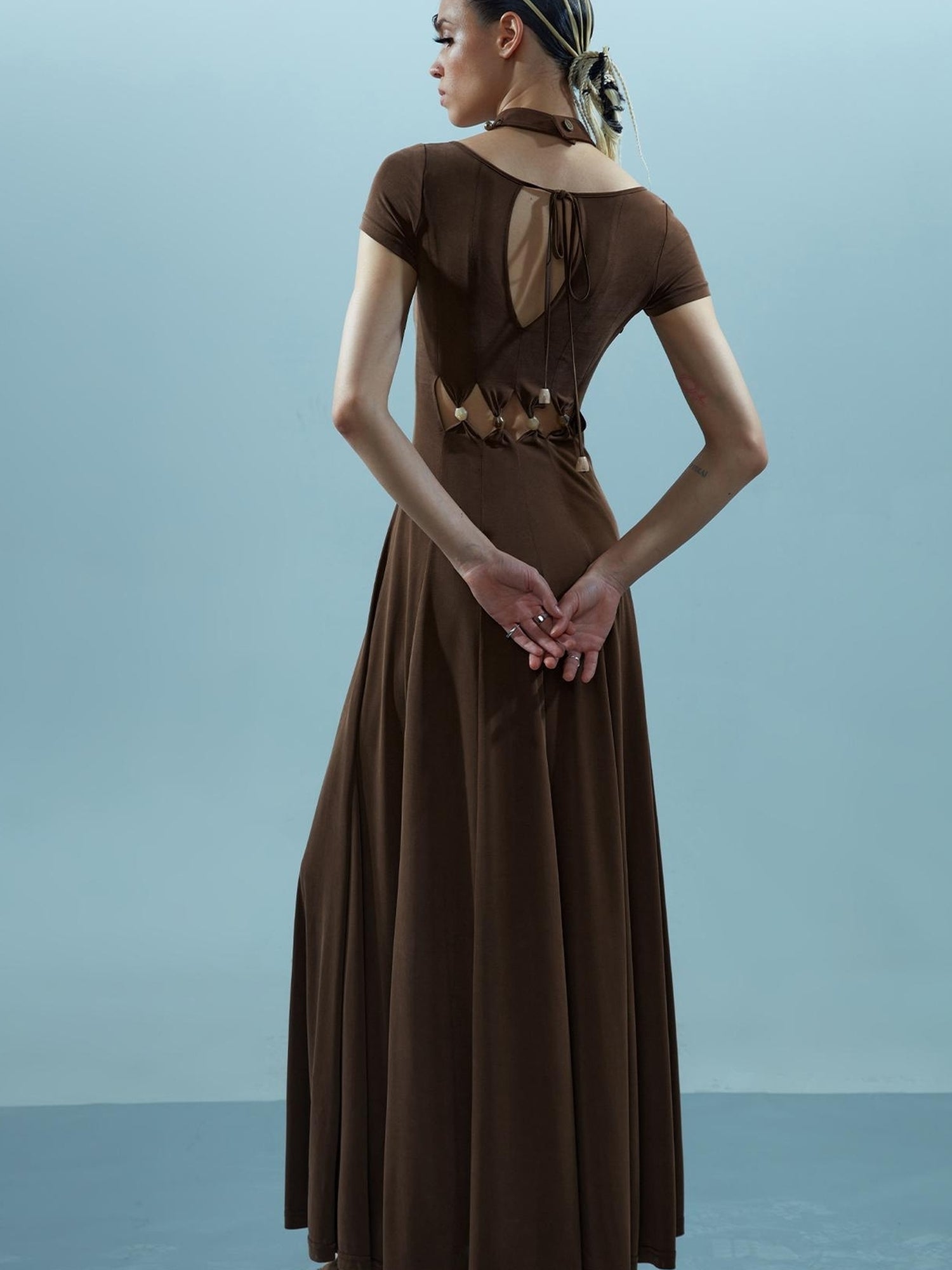 NN NORTH NODE V-neck Ethereal Threads Beaded Cutout Dress