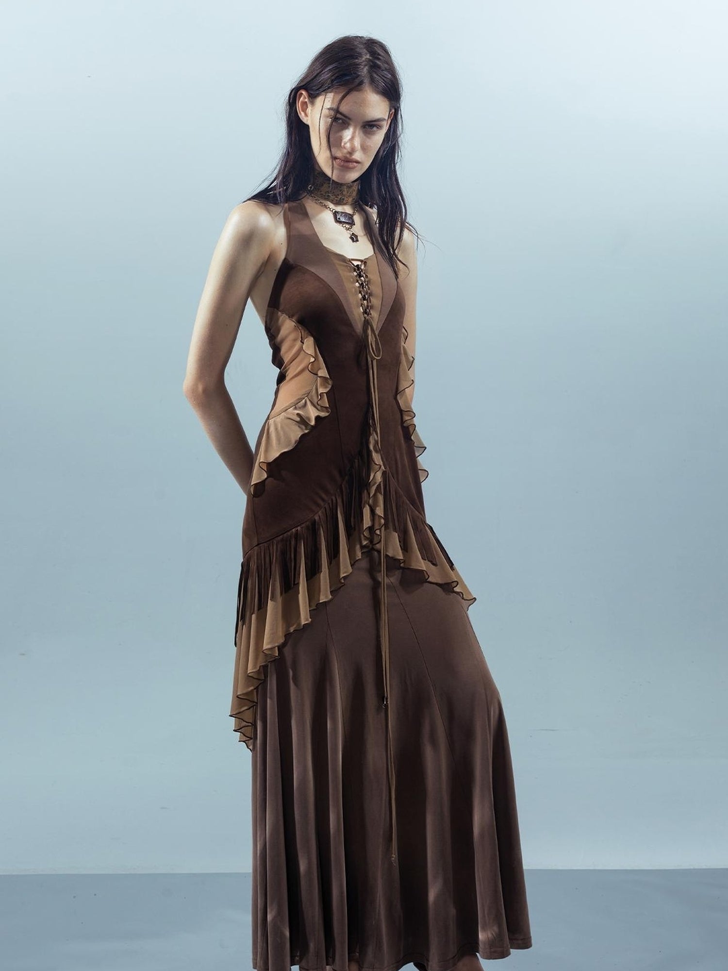 UpdateNN NORTH NODE Veilpath Fringe Halter Dress V-neck T-shirt Long-Sleeve