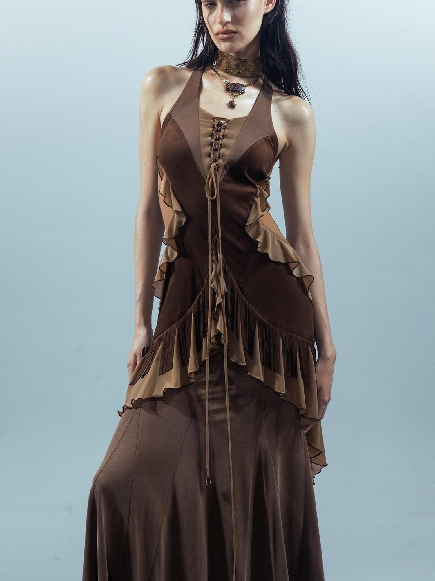 UpdateNN NORTH NODE Veilpath Fringe Halter Dress V-neck T-shirt Long-Sleeve