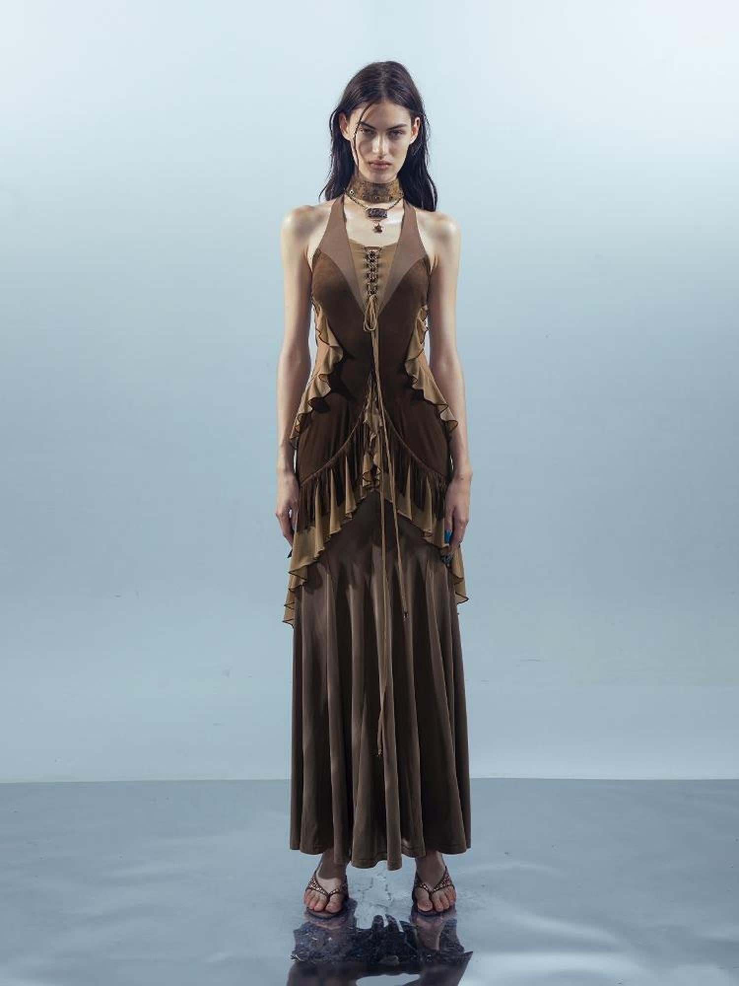 UpdateNN NORTH NODE Veilpath Fringe Halter Dress V-neck T-shirt Long-Sleeve