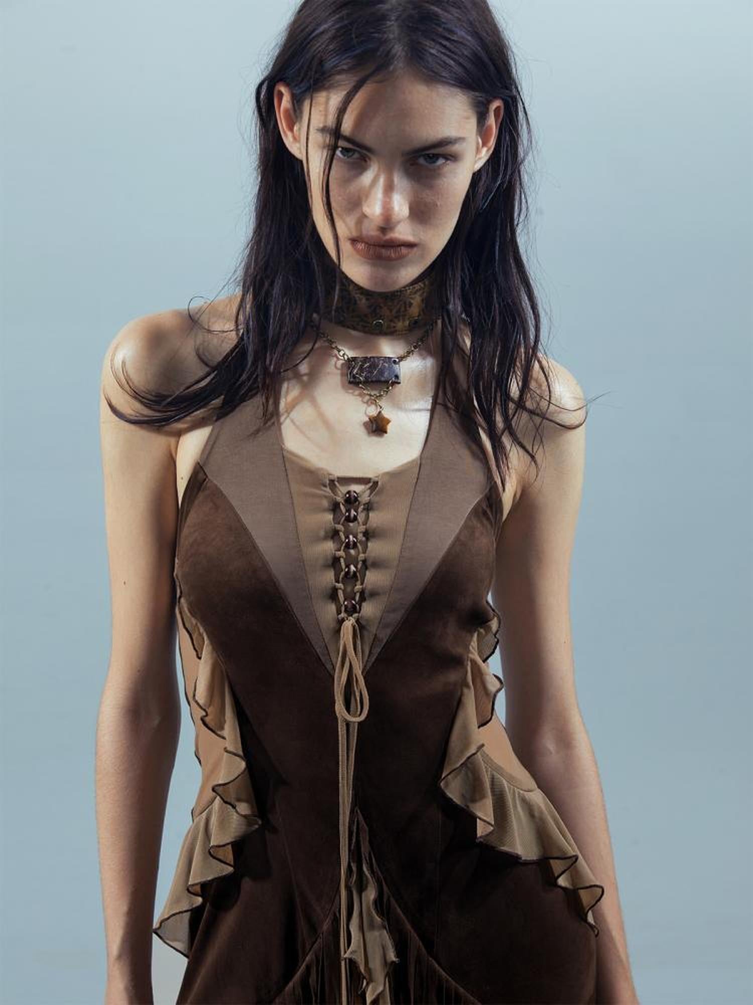 UpdateNN NORTH NODE Veilpath Fringe Halter Dress V-neck T-shirt Long-Sleeve