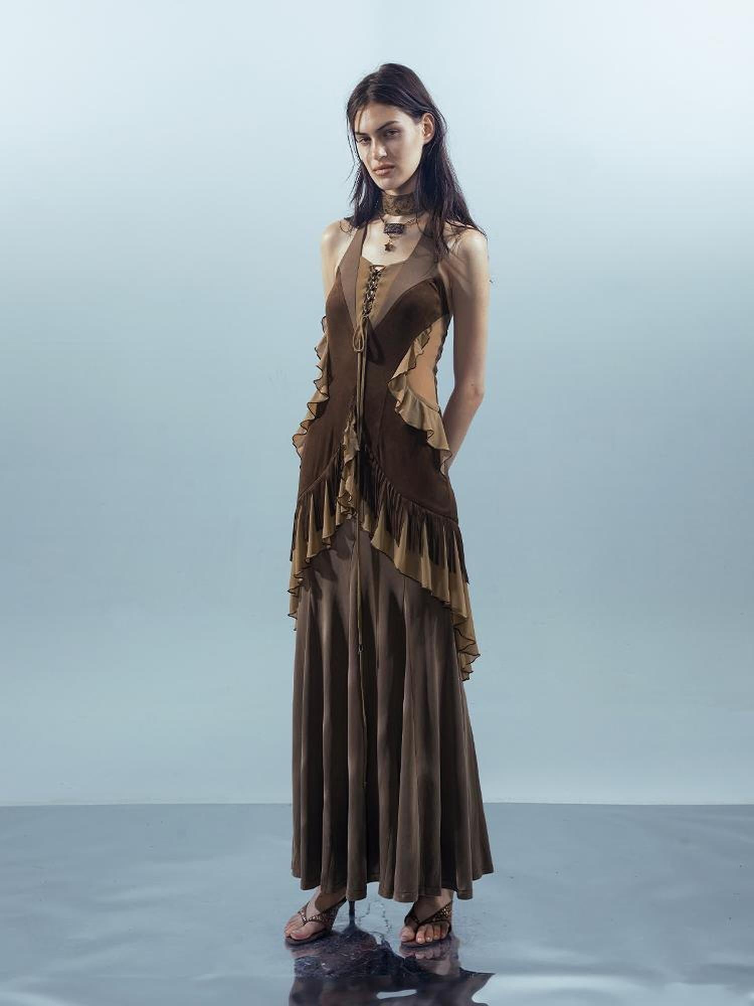 UpdateNN NORTH NODE Veilpath Fringe Halter Dress V-neck T-shirt Long-Sleeve