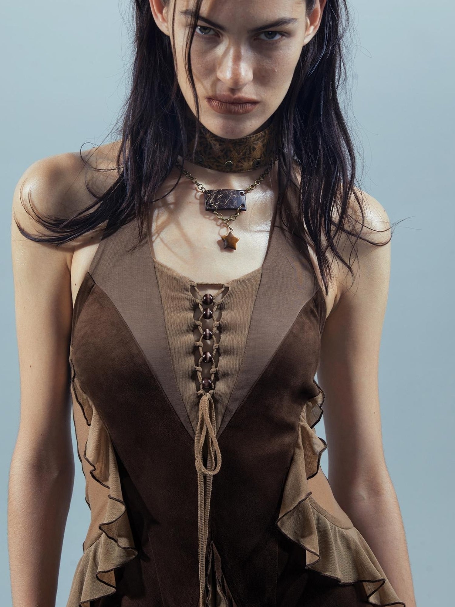 UpdateNN NORTH NODE Veilpath Fringe Halter Dress V-neck T-shirt Long-Sleeve