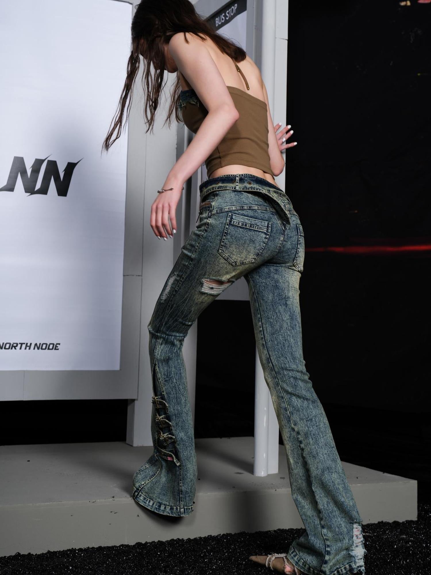 UpdateNN NORTH NODE Vintage Flared Jeans Super Slim Fit Distressed Denim