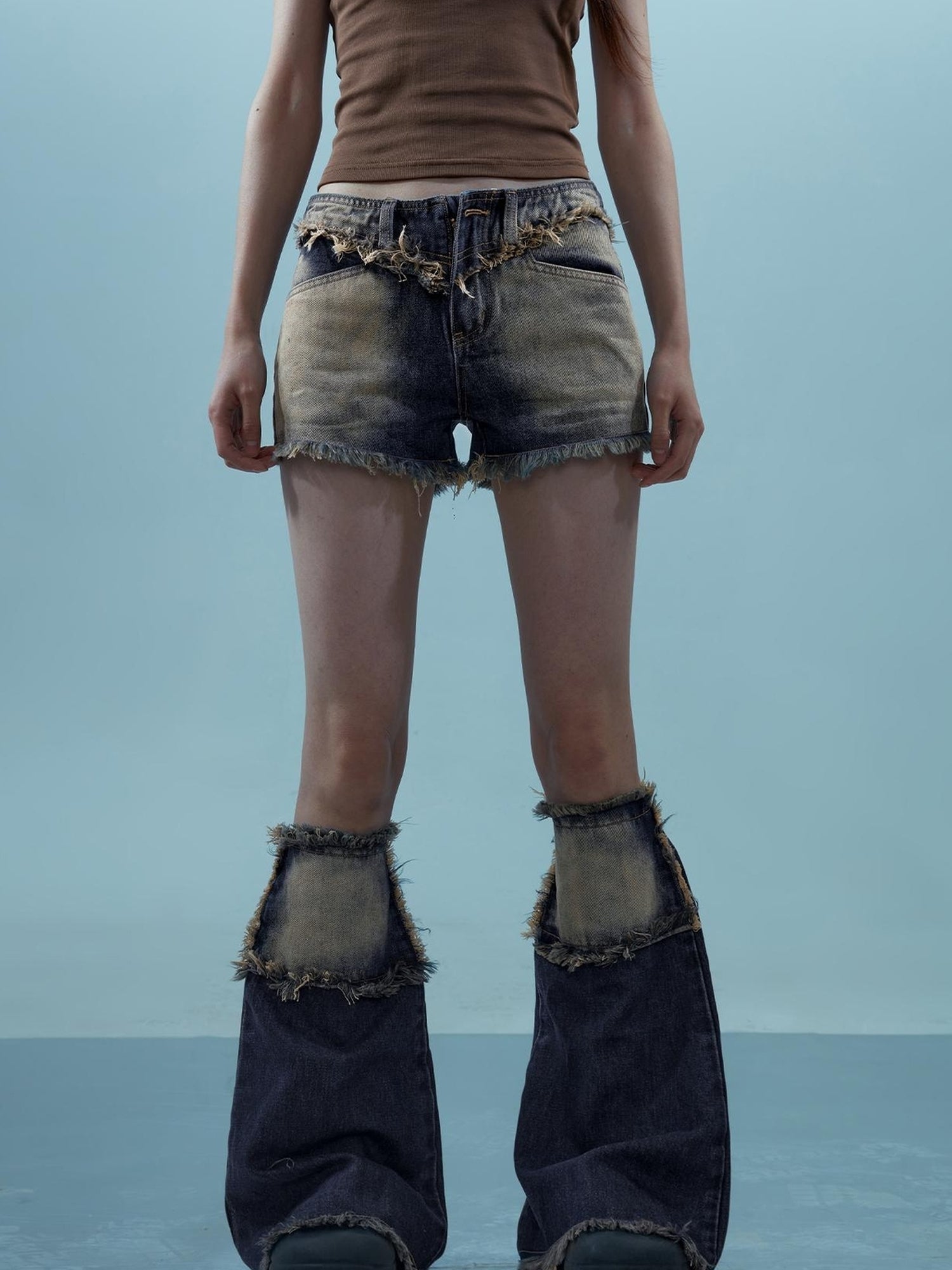 NN NORTH NODE Vintage Frayed Denim Shorts Washed Indigo