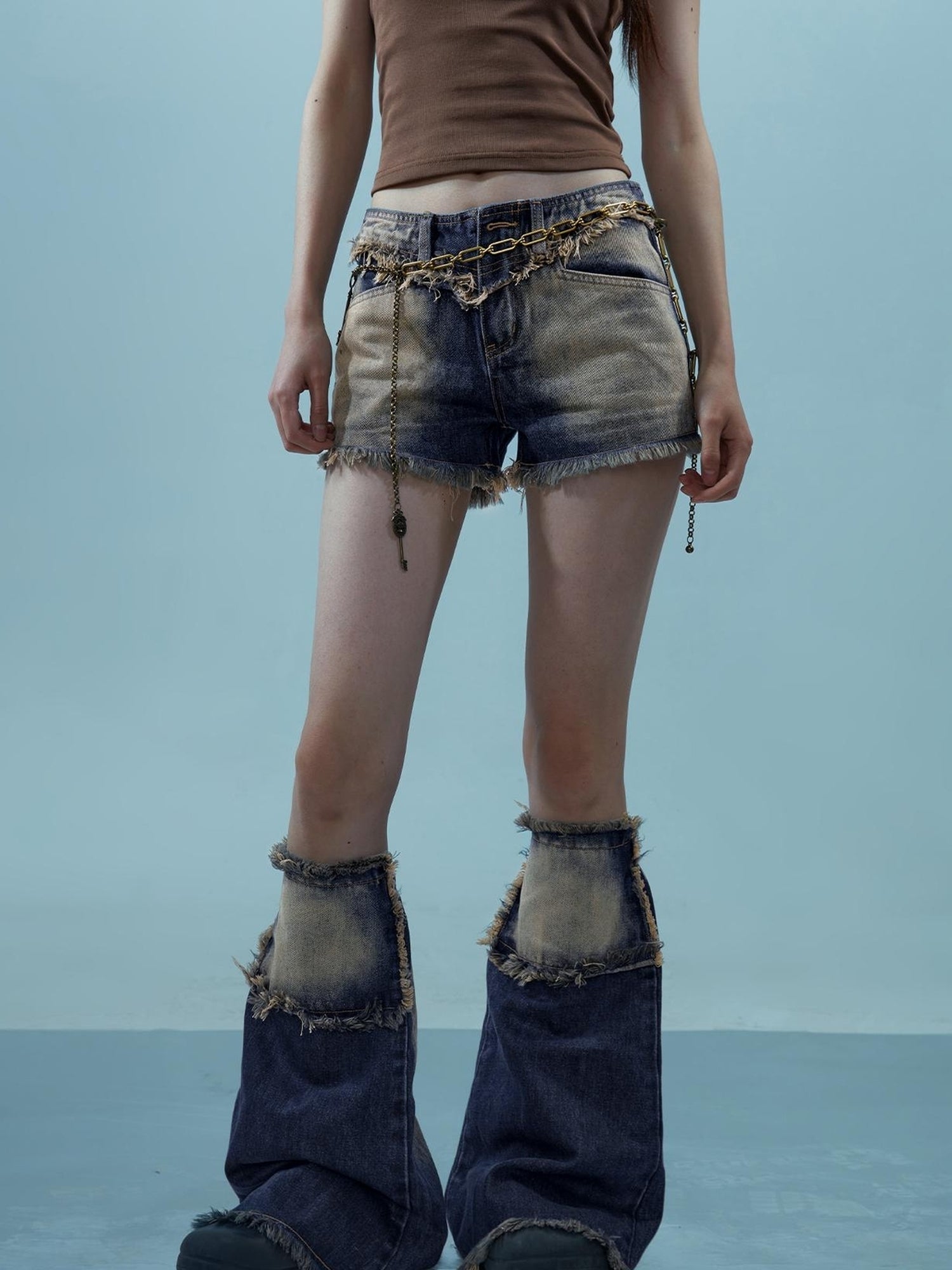 NN NORTH NODE Vintage Frayed Denim Shorts Washed Indigo