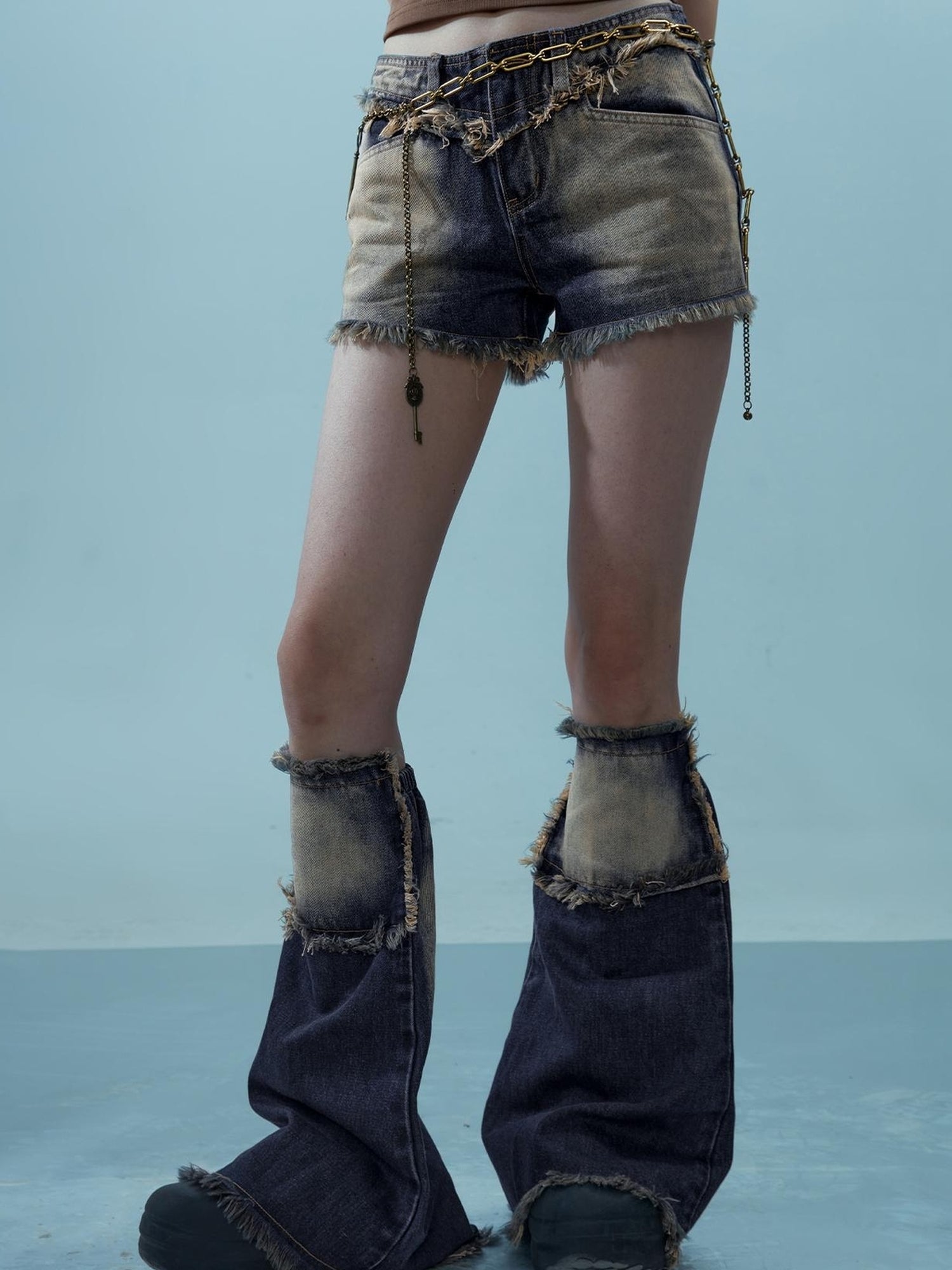 NN NORTH NODE Vintage Frayed Denim Shorts Washed Indigo