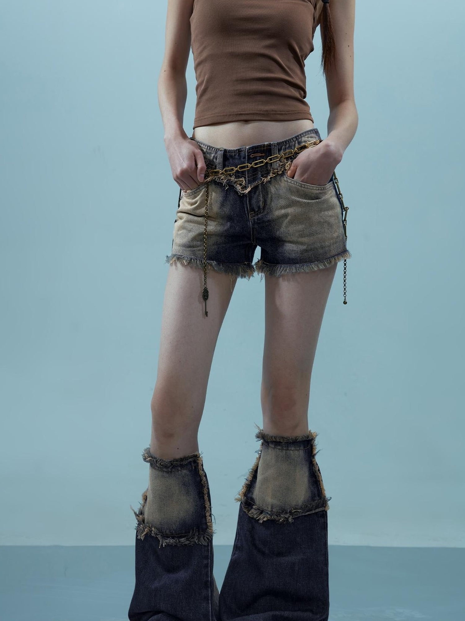 NN NORTH NODE Vintage Frayed Denim Shorts Washed Indigo