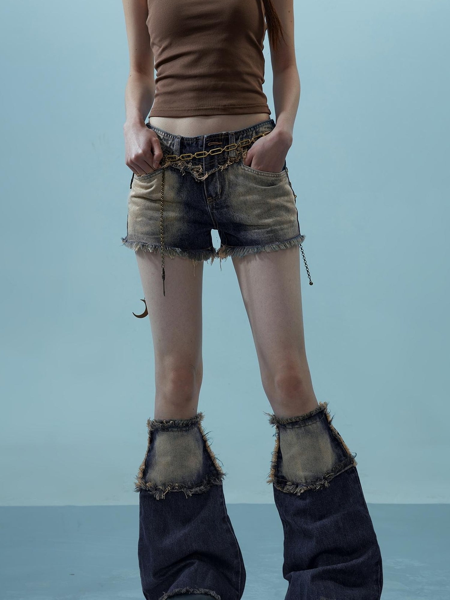 NN NORTH NODE Vintage Frayed Denim Shorts Washed Indigo