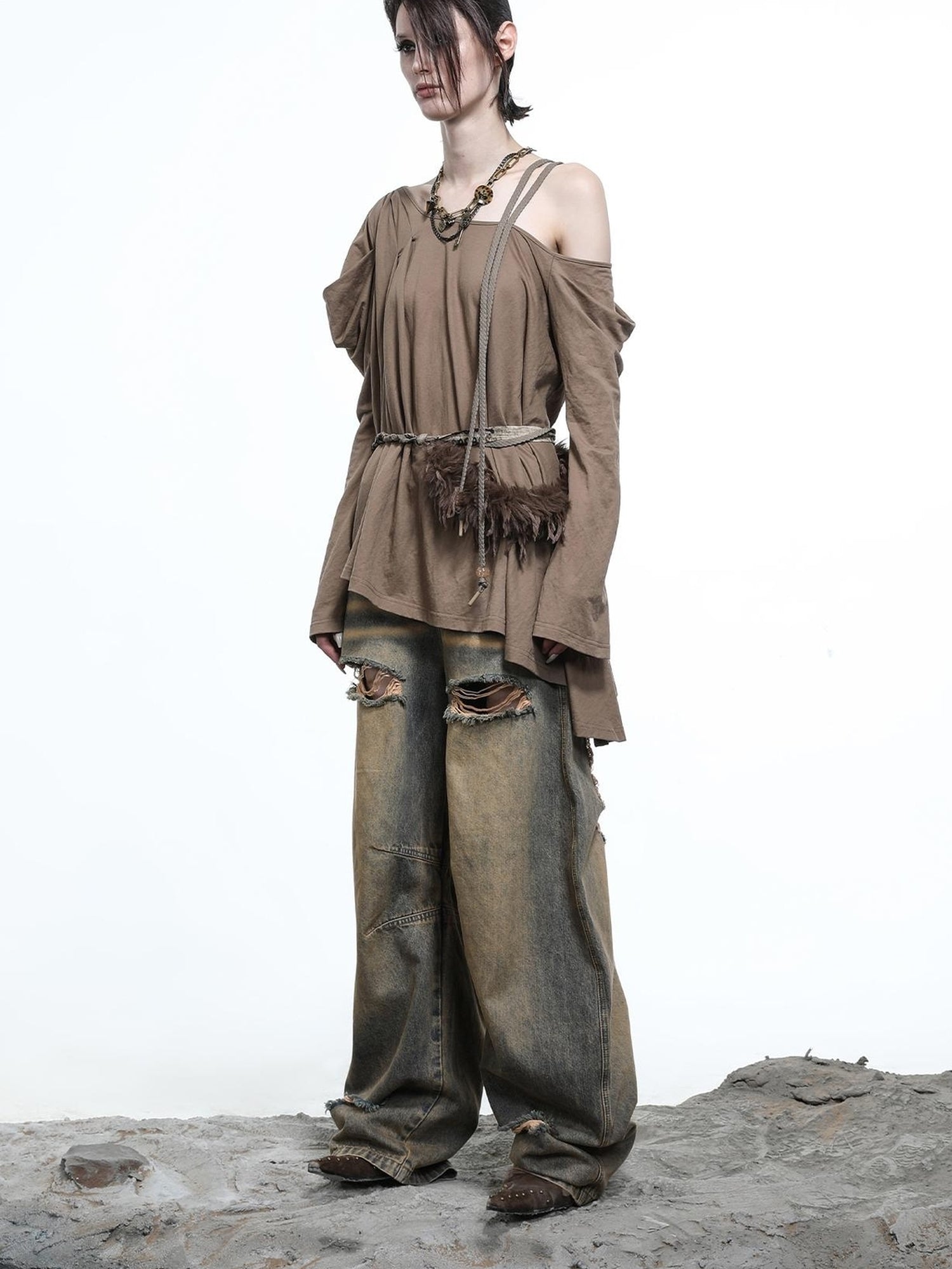 NN NORTH NODE Vintage Wash Distressed Crescent Wide Leg Jeans