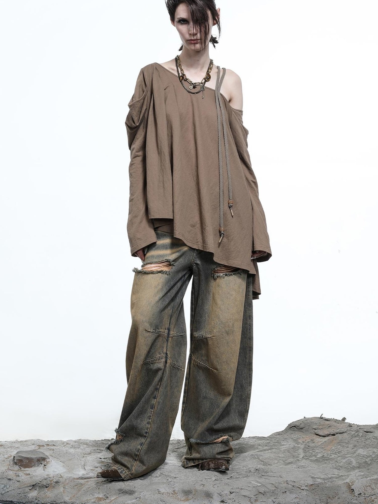 NN NORTH NODE Vintage Wash Distressed Crescent Wide Leg Jeans