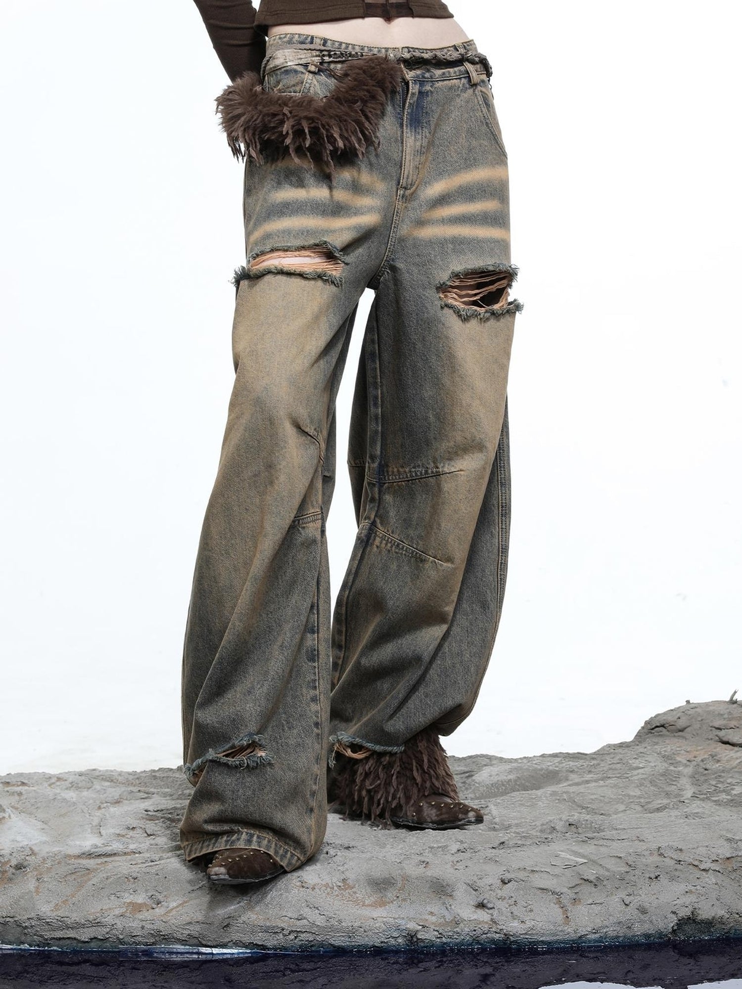 NN NORTH NODE Vintage Wash Distressed Crescent Wide Leg Jeans