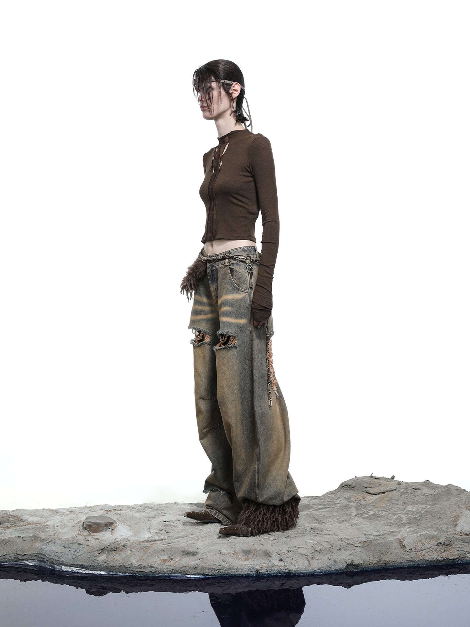 NN NORTH NODE Vintage Wash Distressed Crescent Wide Leg Jeans