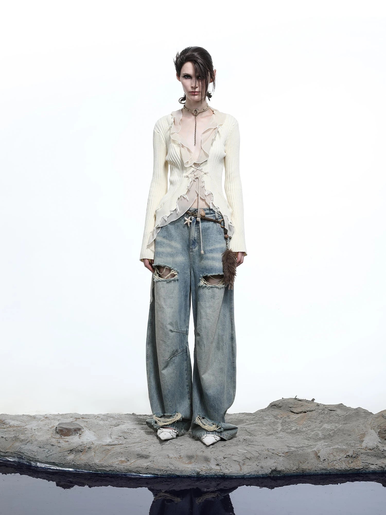 Vintage Wash Distressed Crescent Wide Leg Jeans