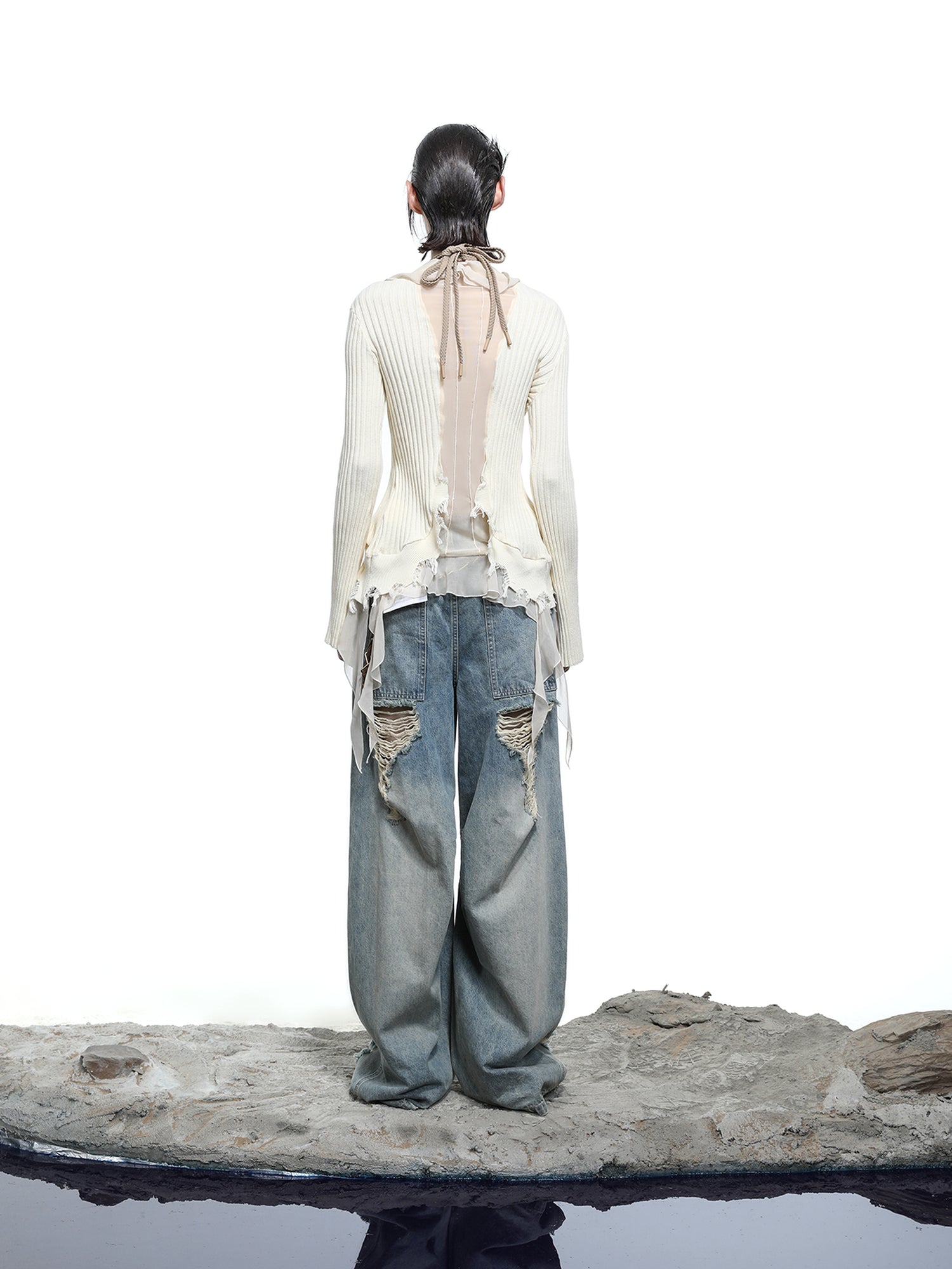 NN NORTH NODE Vintage Wash Distressed Crescent Wide Leg Jeans