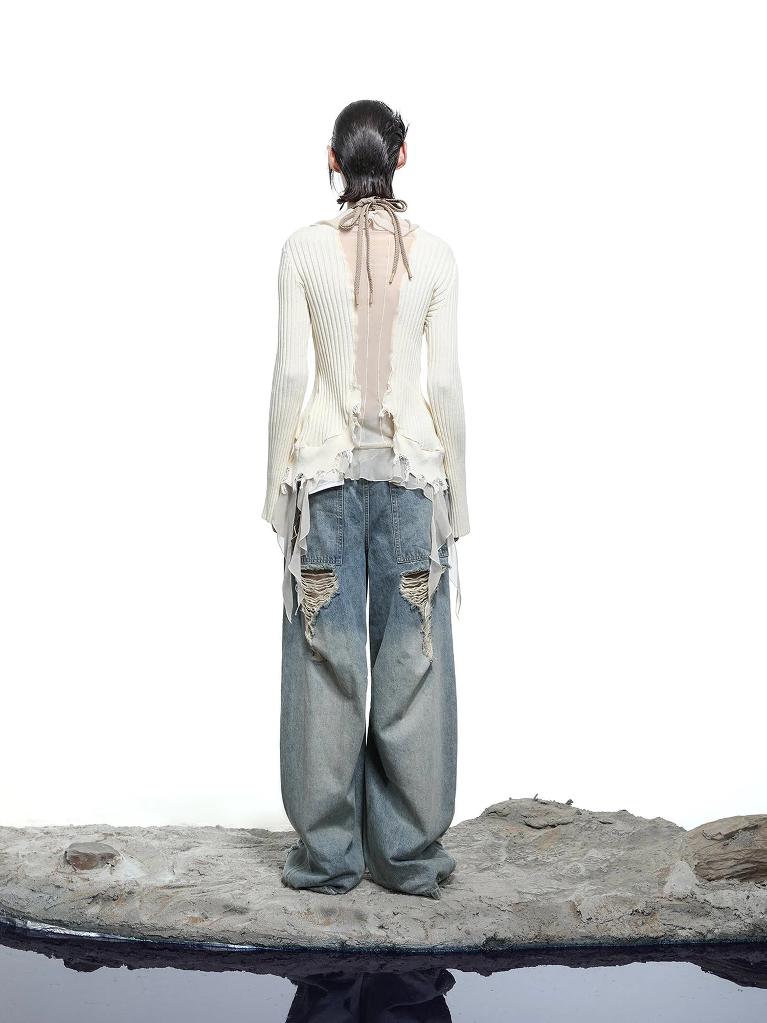 Vintage Wash Distressed Crescent Wide Leg Jeans