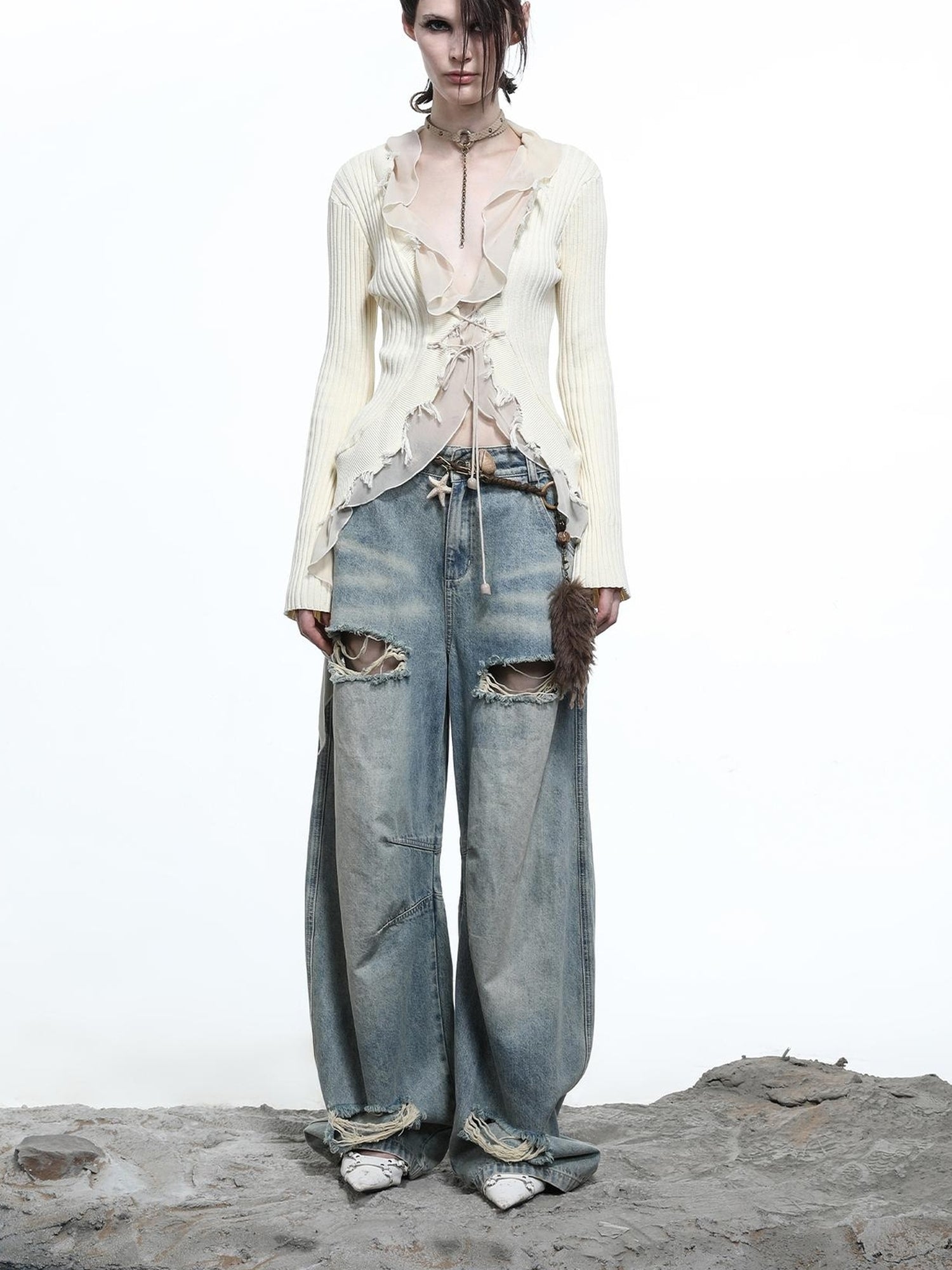 NN NORTH NODE Vintage Wash Distressed Crescent Wide Leg Jeans