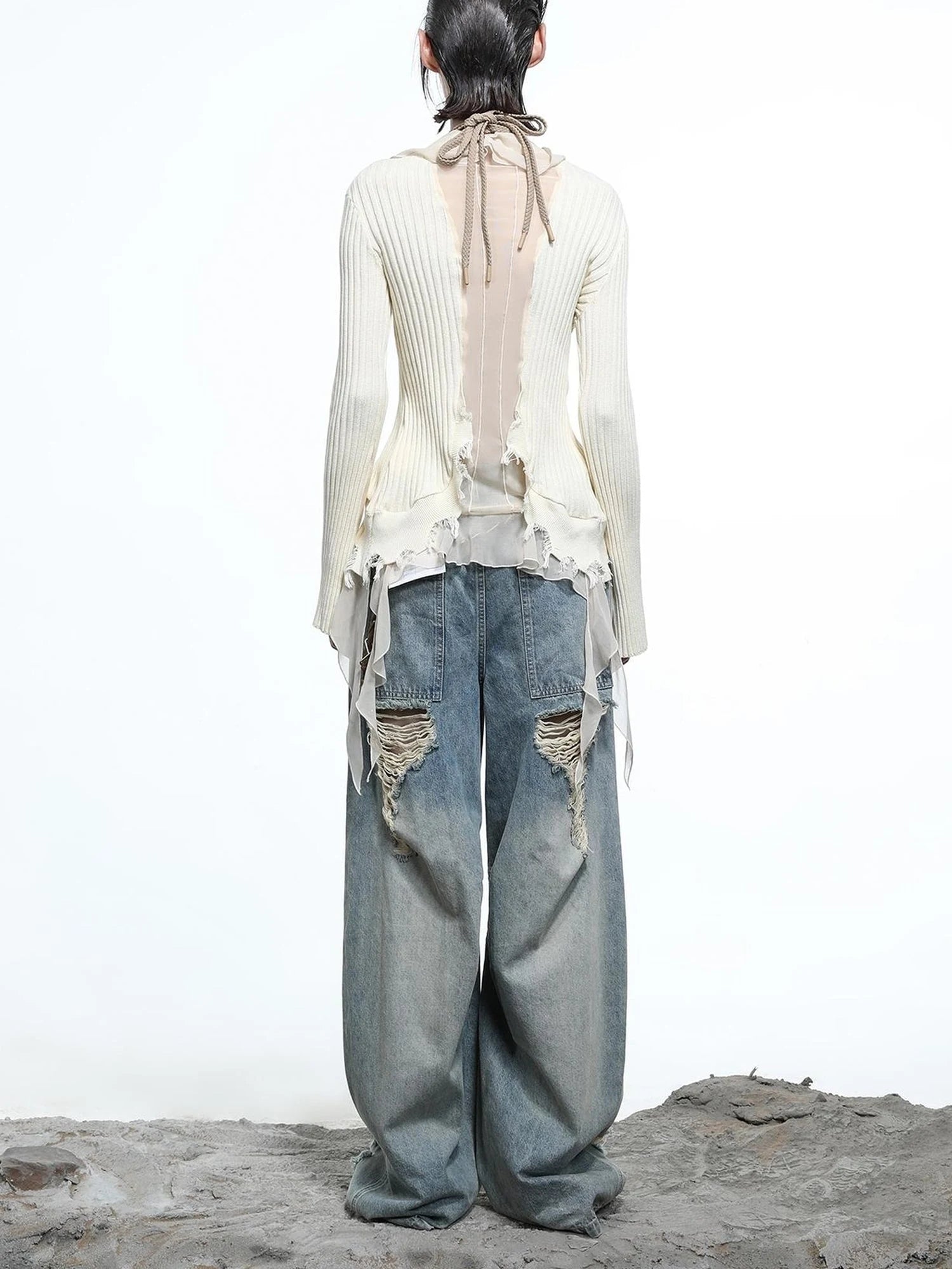 Vintage Wash Distressed Crescent Wide Leg Jeans